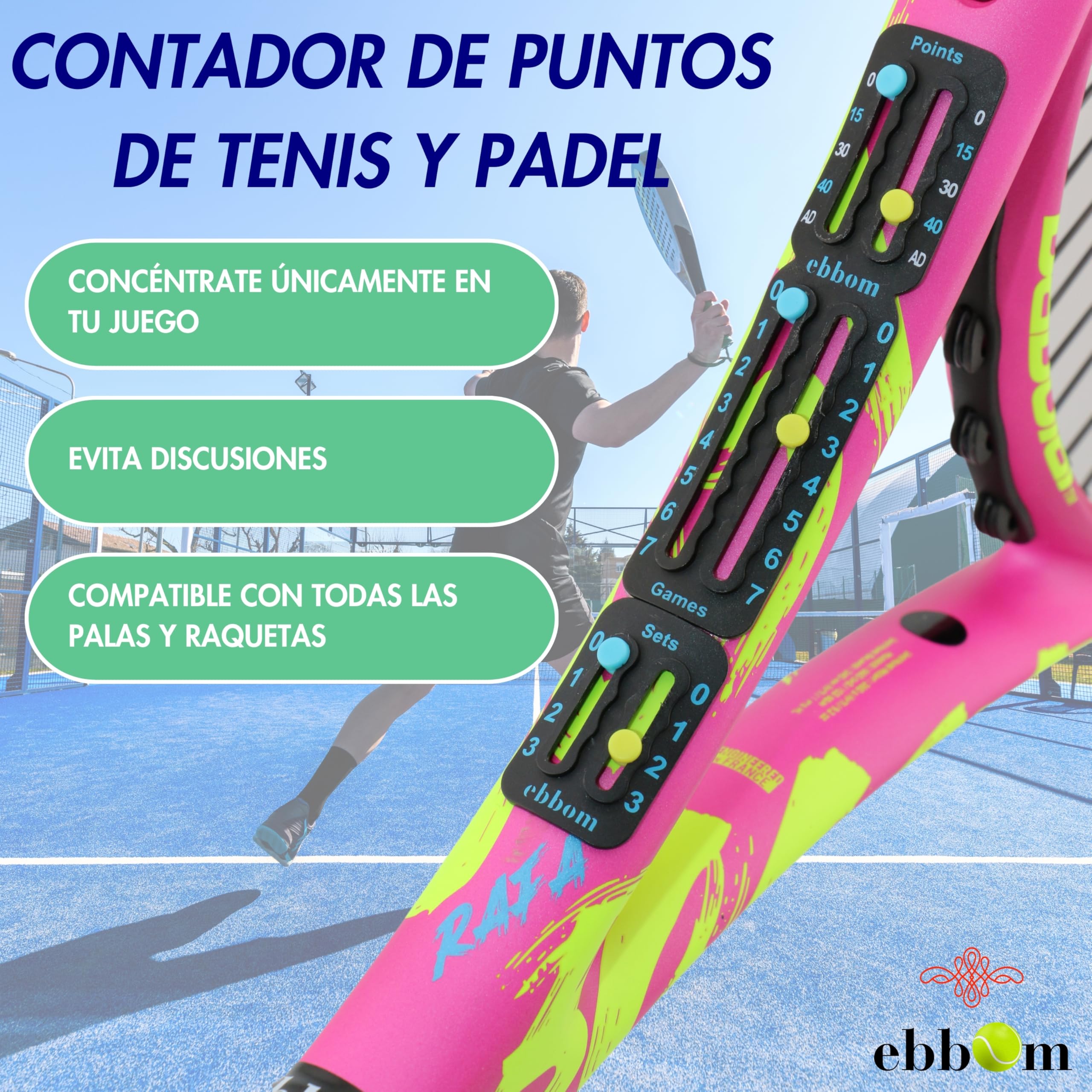 Segnapunti Padel e Tennis Ultralight con Adesivo 3M - Include 2 Overgrip B/N e 1 Pulitore – Adattabile a Tutte Le Racchette e Padel – Accessori Padel - Contatore Punti Padel