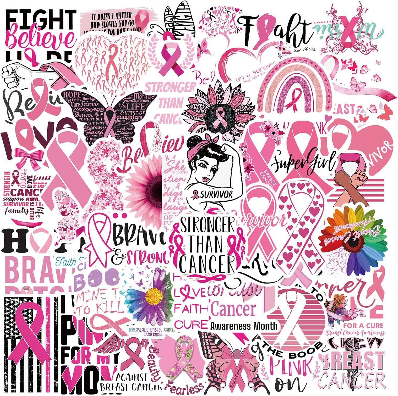 50PCS Breast Cancer Awareness Stickers,Pink Ribbon Stickers,Caring for Women's Health Waterproof Vinyl Stickers Decals for Laptop Bike Gifts for The People Care About Women (Breast Cancer)