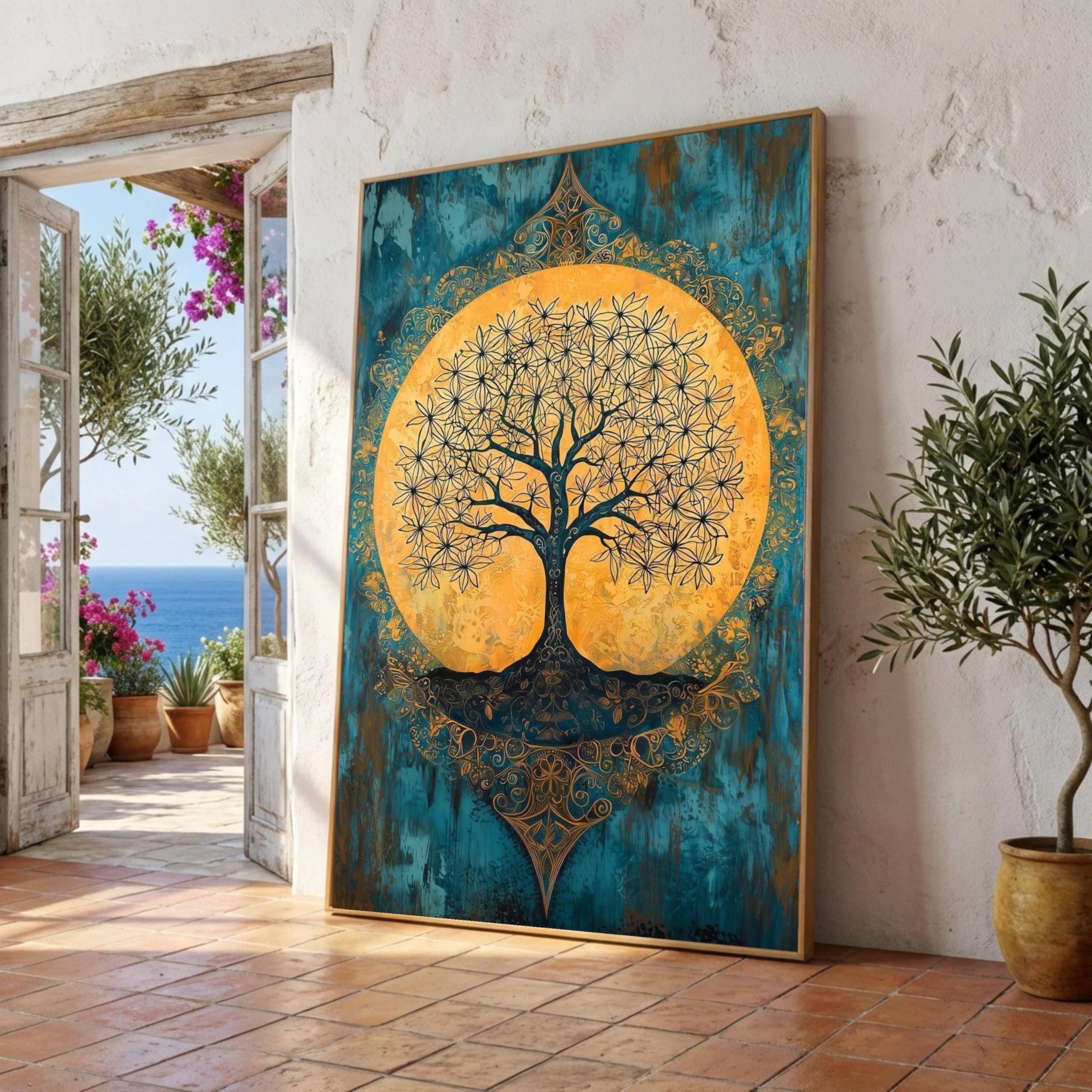 LMYCHENG Obraz na płótnie Drzewo Życia, złoty okrąg, wydruki na płótnie do wystroju w stylu boho, nowoczesny abstrakcyjny obraz inspirowany naturą (40 x 60 cm/wewnętrzna rama)