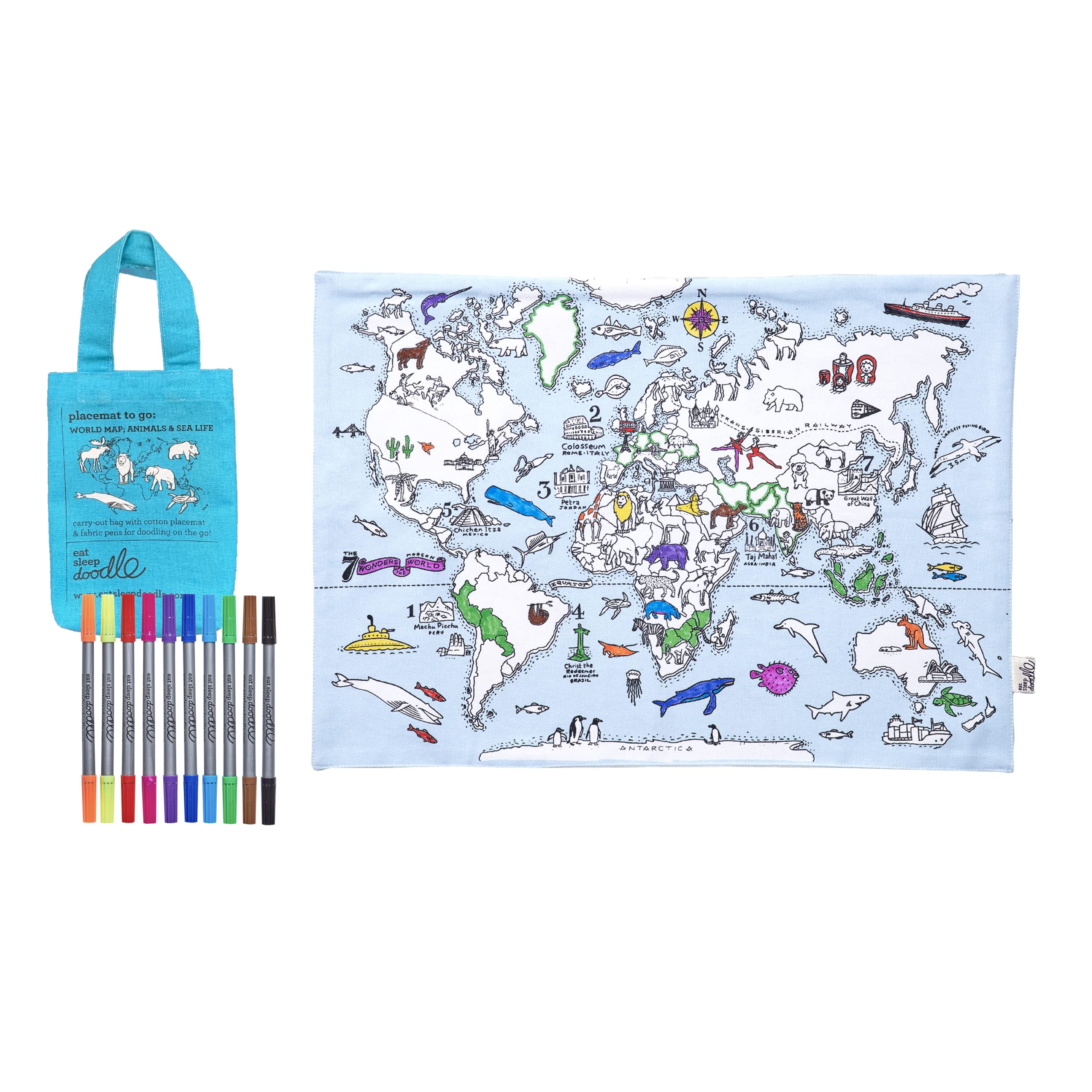 Eatsleepdoodle World Map Colouring Placemat For Kids - Theme - 33X47cm - 10Pk Washable Markers - Ultra Washable & Reusable