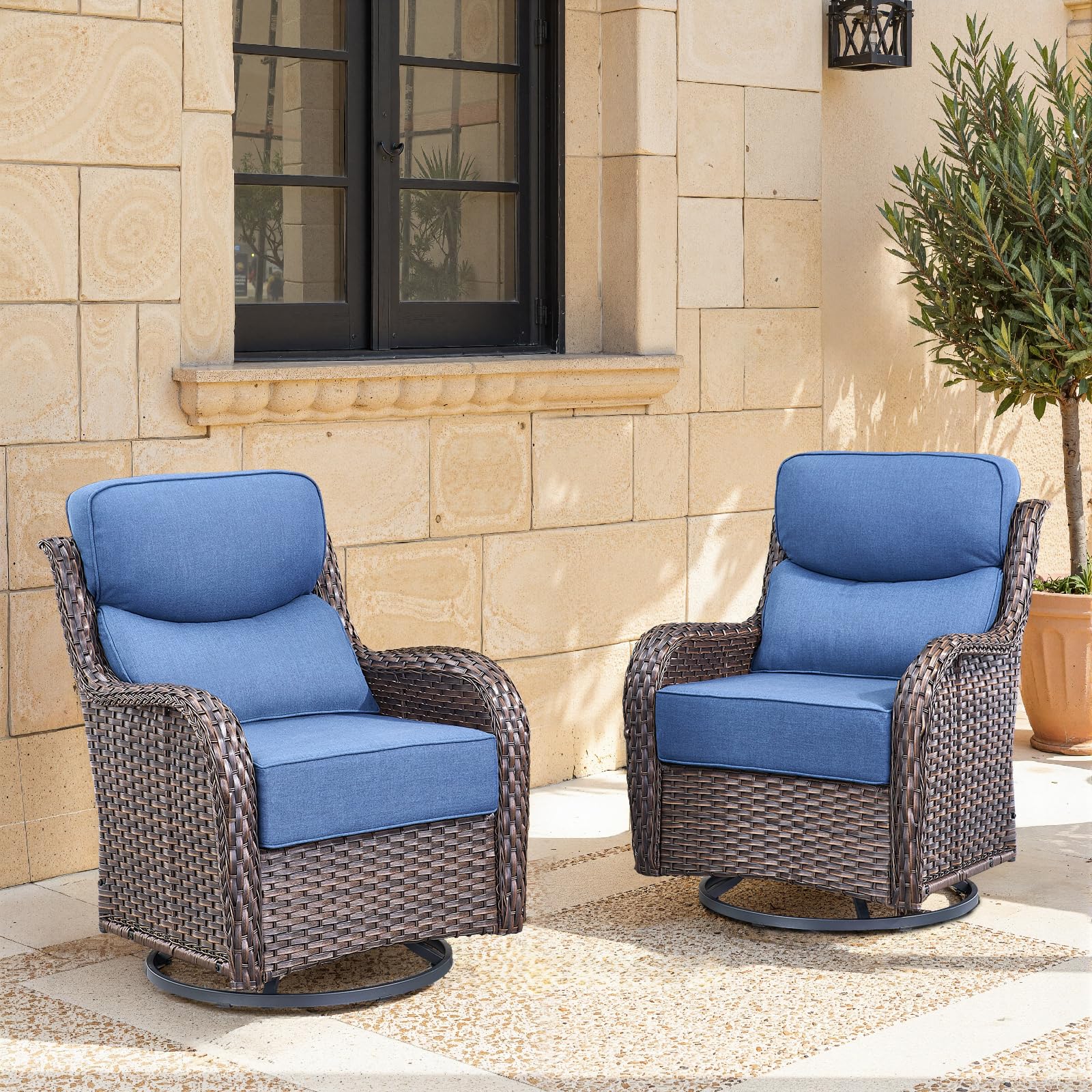 Swivel Patio Chairs sofa Set of 2 with 6" Thick Cushion - Wicker Outdoor Swivel Rocker Patio Chair ,Sofa/Glass coffee table, High Back Comfortable Outdoor Glider Chairs - Brown Wicker | Blue Cushions