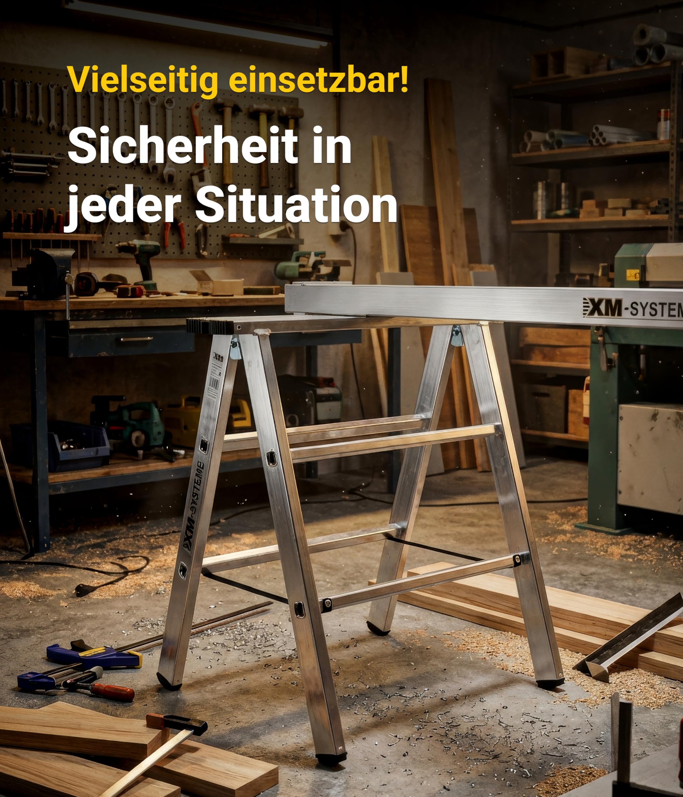 Alu-Montagebock – Stabiler Aluminium-Arbeitsbock für extreme Belastbarkeit bis 230kg – 80cm hoch + 80 cm breit – Perfekt kombinierbar mit Teleskopdiele als flexibles Arbeitspodest