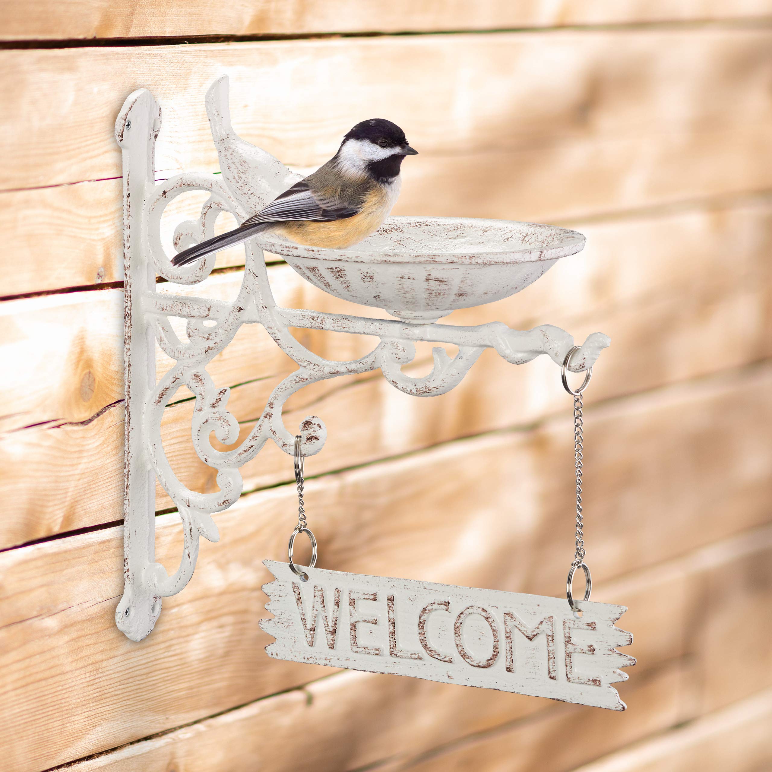 Relaxdays Bebedero Pájaros Hierro Fundido Welcome, Decoración Jardín, Montaje Pared, Retro, Fuente Aves, Color Blanco