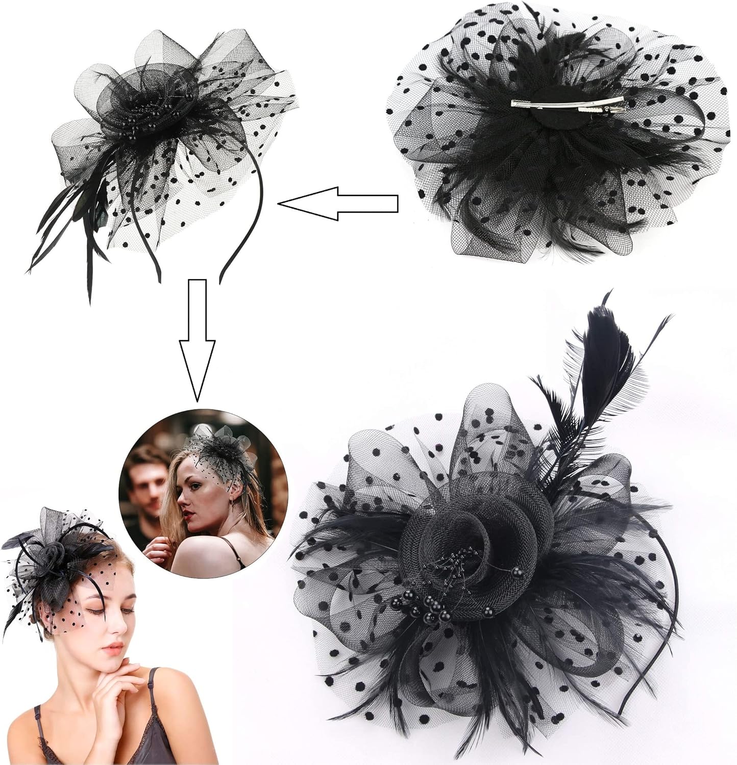 Fascinator Tea Party Hat Women 20s 50s Wedding Cocktail Flower Mesh Feathers Hair Clip for Carnival Halloween - Image 9