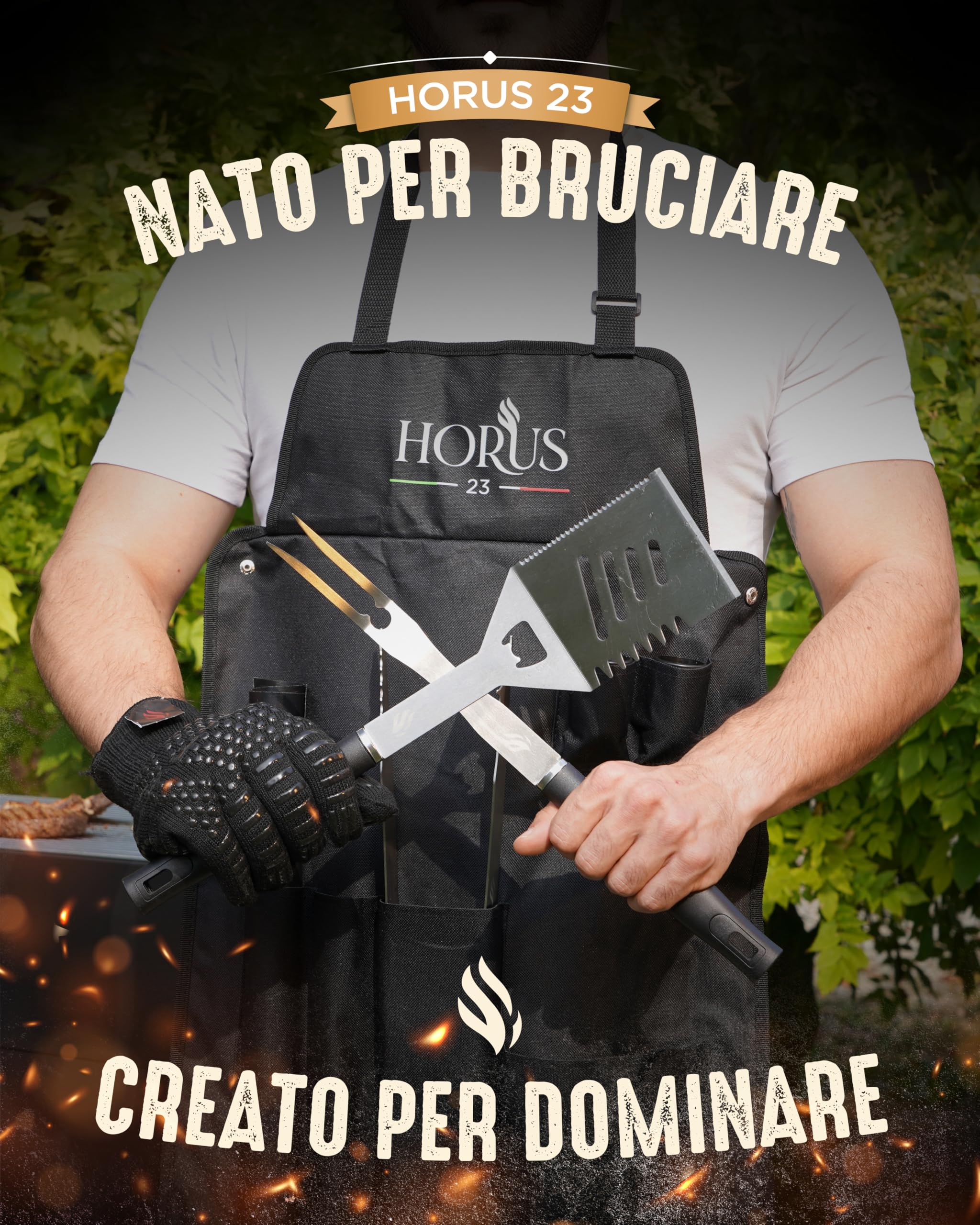 HORUS 23® Set Barbecue con Guanto Ignifugo, Tappetino Griglia e Grembiule Oxford Acciaio Inox
