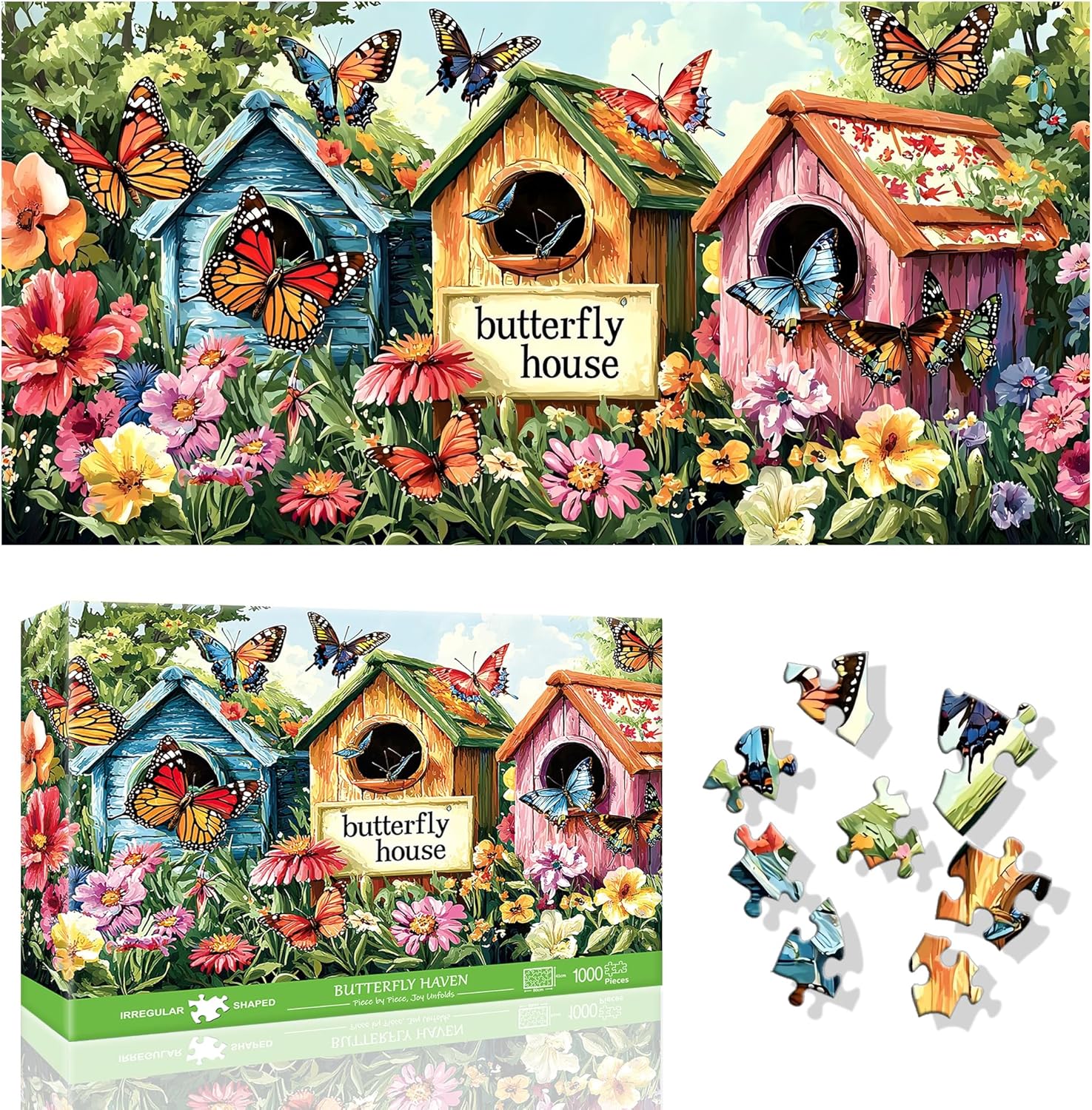 1000 Piece Jigsaw Puzzles for Adults, 《Butterfly Haven》Irregular Shaped Pieces for Challenging Fun, No Dust Classic Landscape Puzzle, Gifts for Family Game Night 31.5 x 16 inch