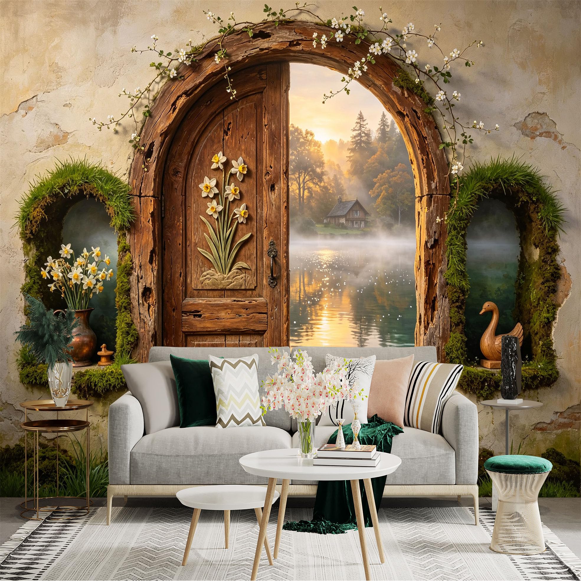 Custom Size Wall Sticker Mural， Rustic Wooden Door， Lakeside Cottage， Swan and Flowers， for wall Decoration， peelandstick wall Decals.