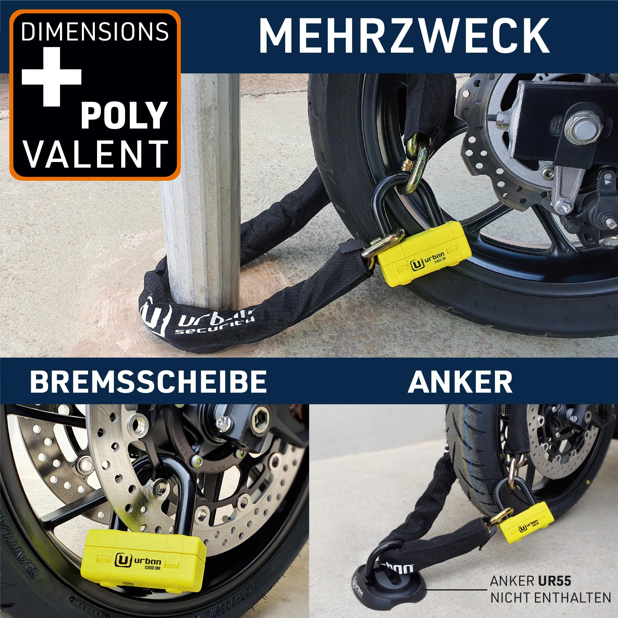 URBAN UR74120 Motorradschloss Scheibenschloss Hochsicherheits-Motorrad Diebstahl-Vorhängeschloss Diebstahlsicherung Homologiert SRA, Mini Bügelschloss + Kettenschloss ø13,5, 120 cm, Gelb