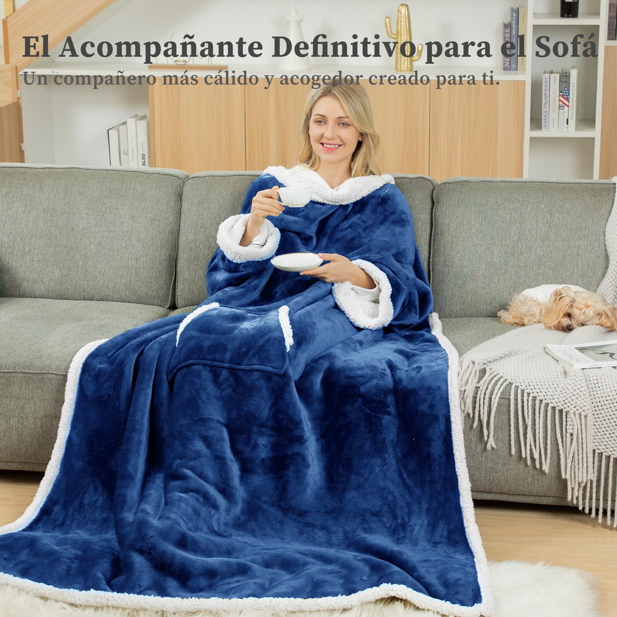 Winthome Manta con Mangas Gruesa, Batamanta Doble con Bolsillo, Plaid Sofa Hombre Mujer, Bata Blanket Polar Suave y Caliente, Regalos, Ahorrar Costes de Calefacción (Azul Oscuro, 140x180cm)