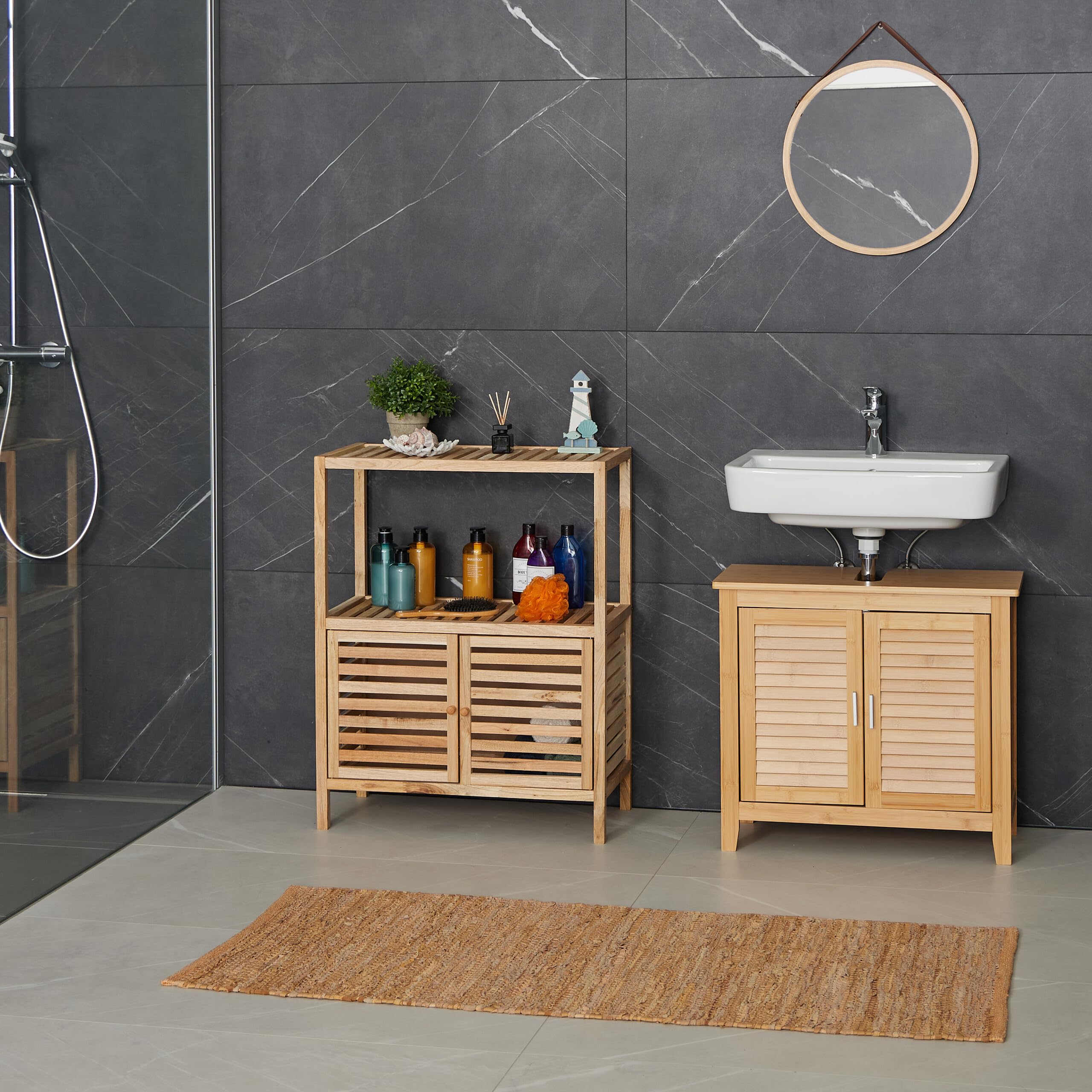 Relaxdays Mueble de Baño, Madera Nogal, 86x67,5x35,5 cm, Estantería Aseo con 2 Puertas, 2 Baldas, WC y Cocina, Natural