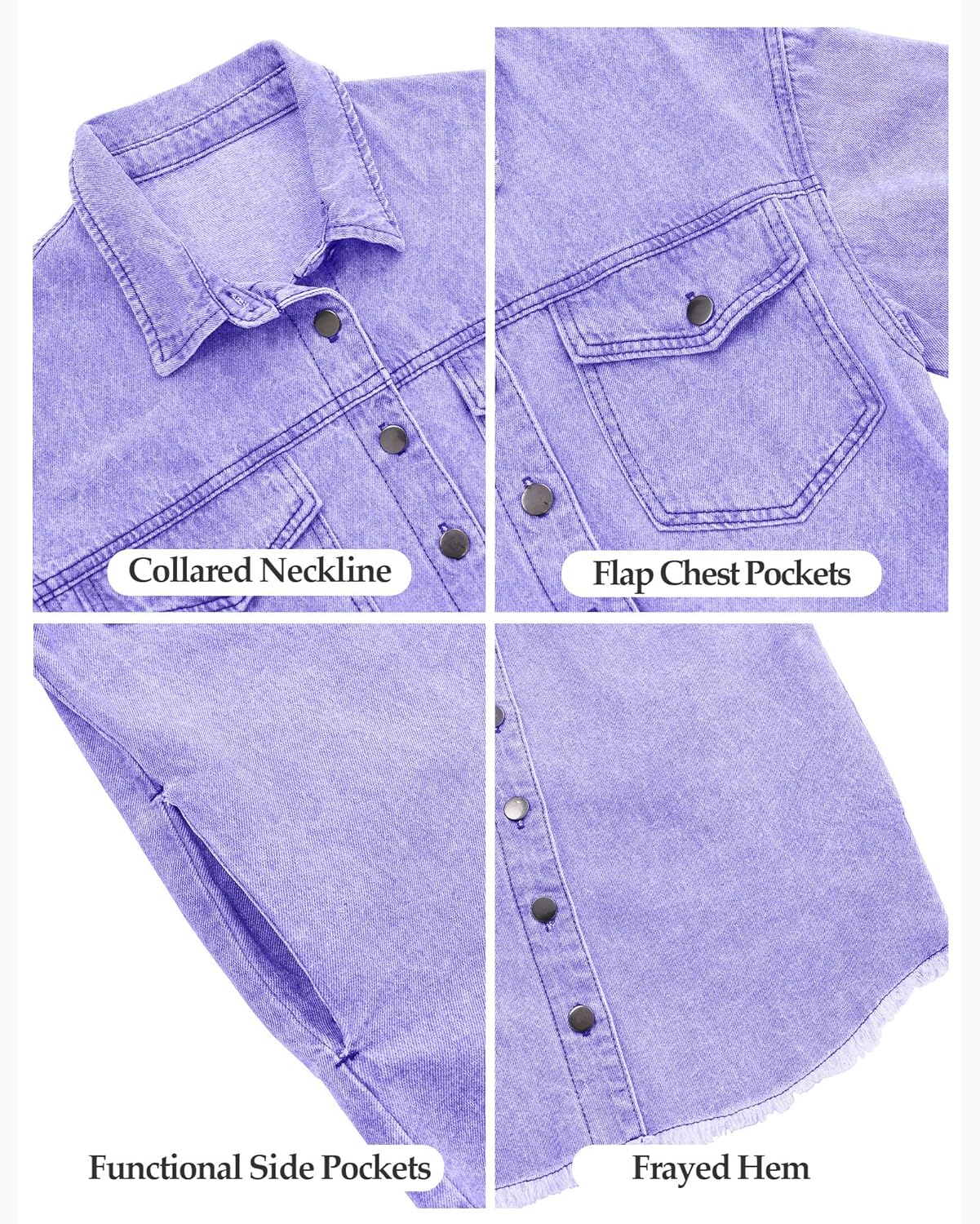 Vetinee Women’s Oversized Button Up Frayed Hem Shacket Long Sleeve Pockets Denim Jean Jacket - Image 6