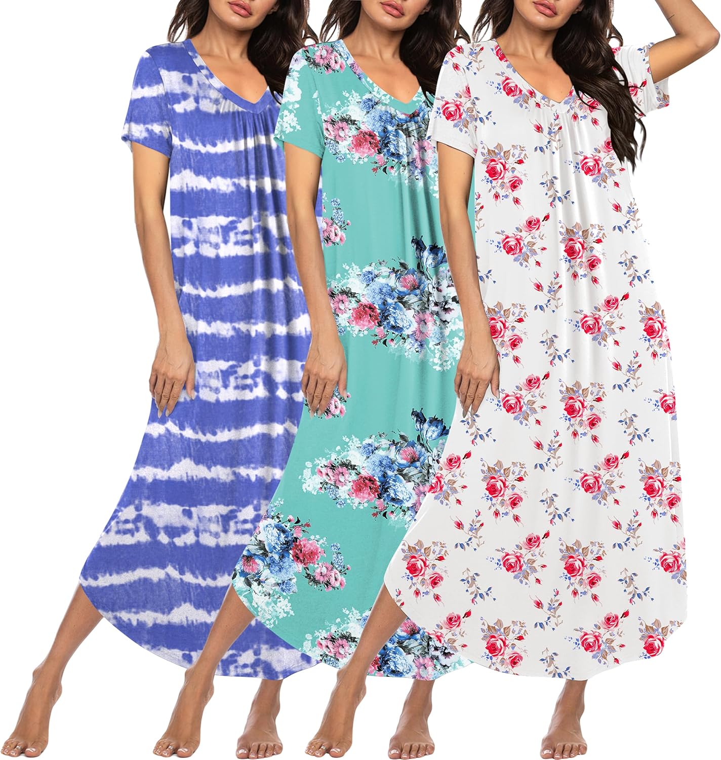 Ekouaer 3 Pack Long Nightgowns for Women Plus Size House Dress Short Sleeve Night Gown V Neck Casual Nightshirt M-5XL