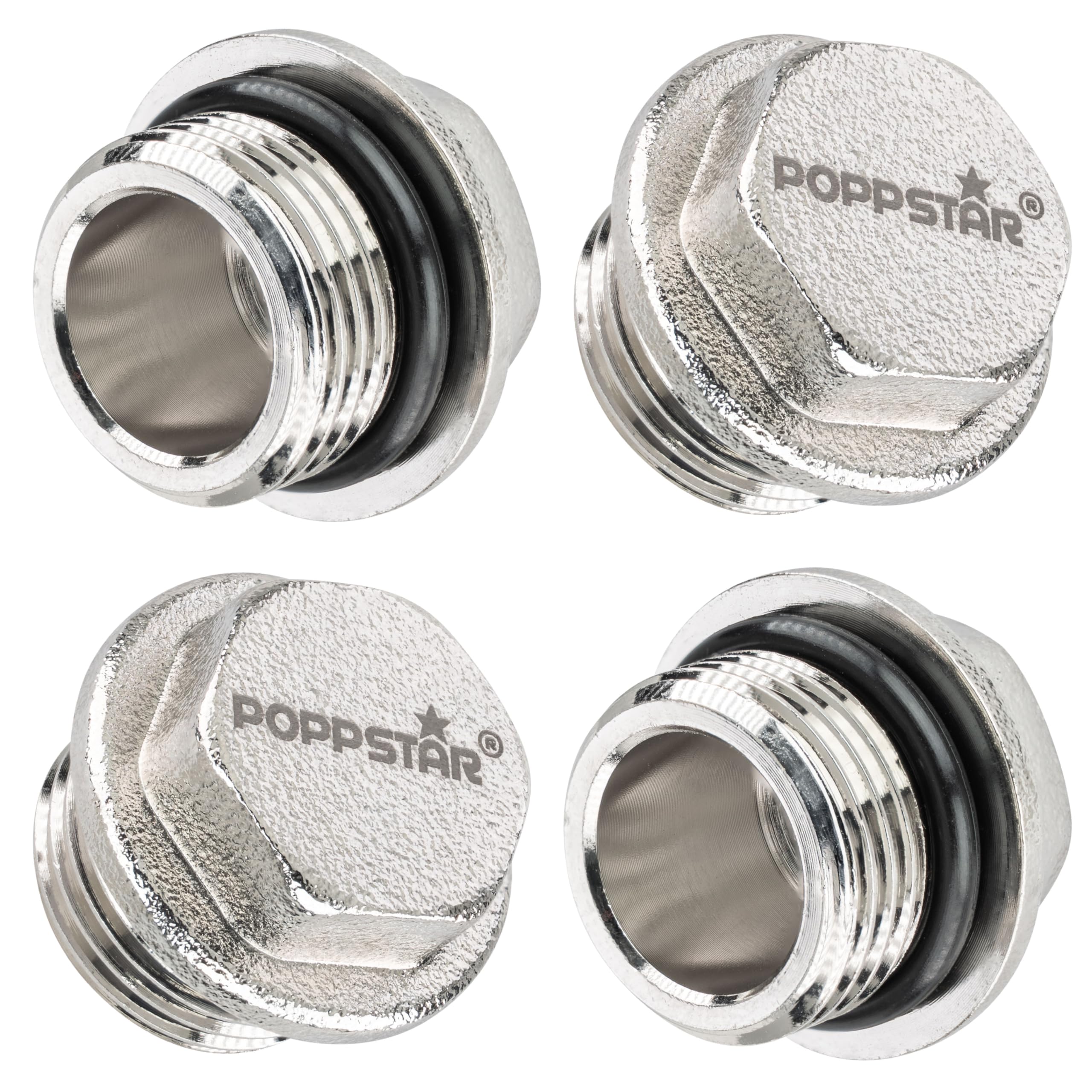 Poppstar Brass Blanking Plug (BSP External Thread 3/8" (16,66mm), up to 50bar, 16mm Hexagon) with self-Sealing Gasket 3/8", 4 Pieces