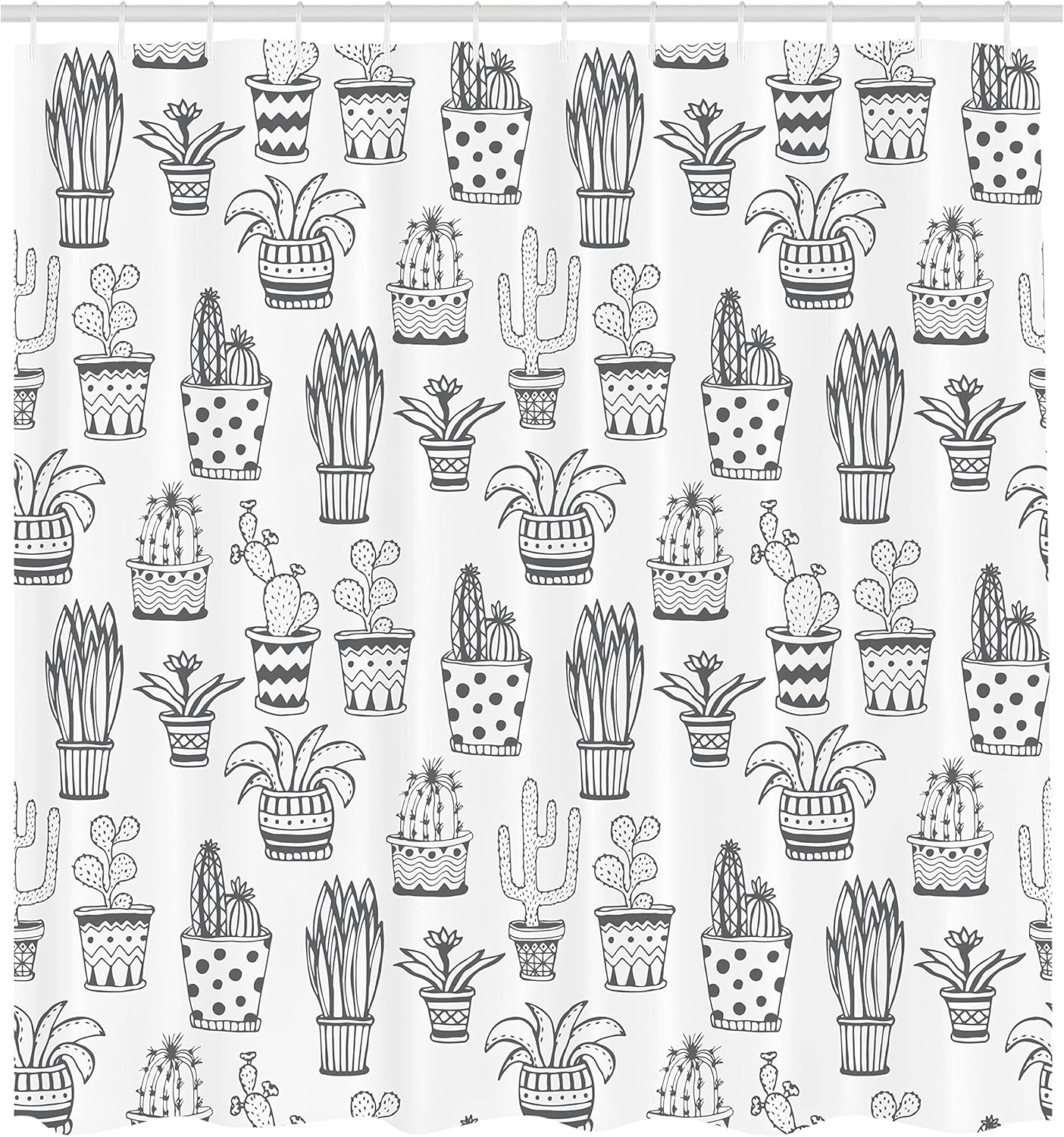 Ambesonne Cactus Shower Curtain, Doodle Flowers in Pots with Polka Dots and Zig Zags Tropical Plants Monochrome, Cloth Fabric Bathroom Decor Set with Hooks, 69" W x 75" L, Grey and White