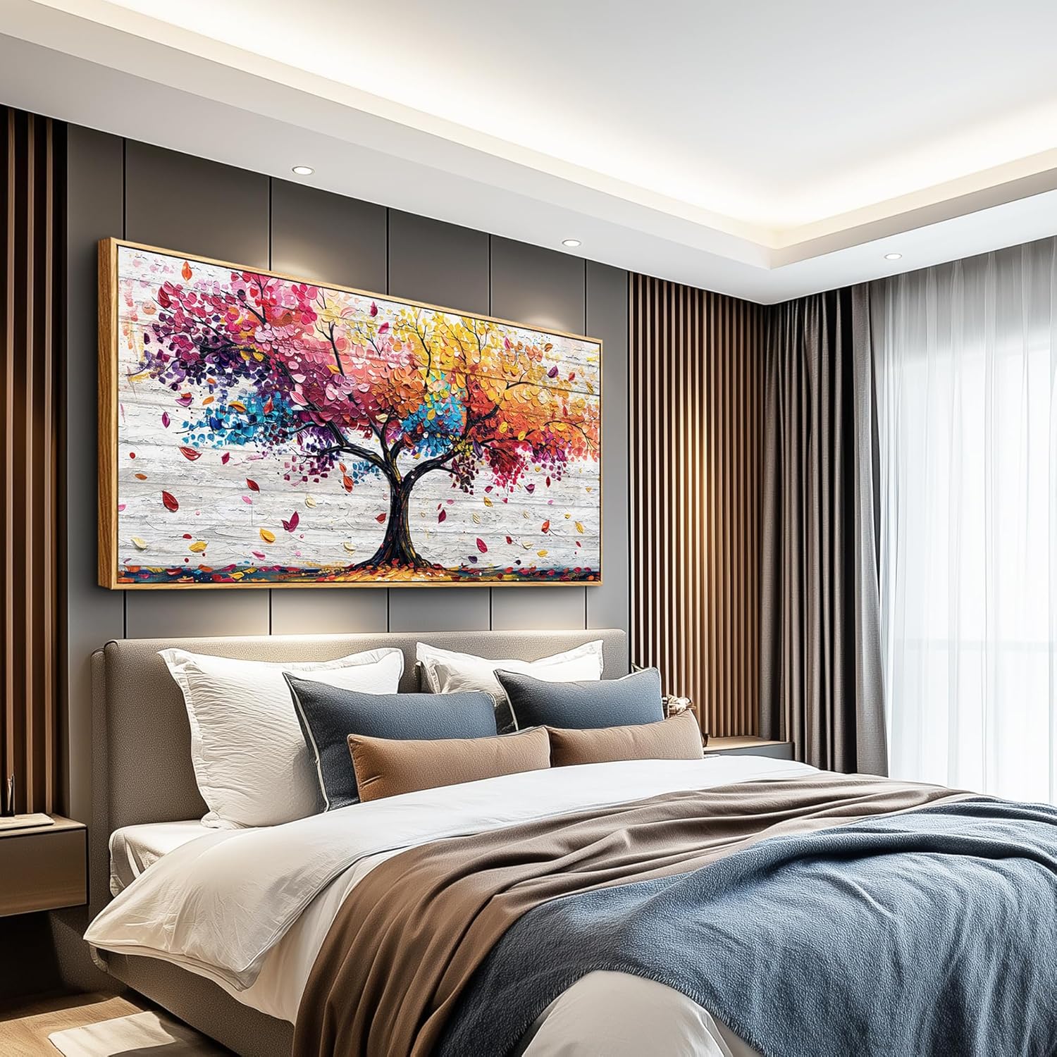 Wapluam Vibrant Tree Of Life Wall Art Colorful Nature Abstract Painting Picture Modern Panoramic Landscape Wall Decor Artwork Framed Canvas Print For Living Room Bedroom Office Home Decor 20"X40"