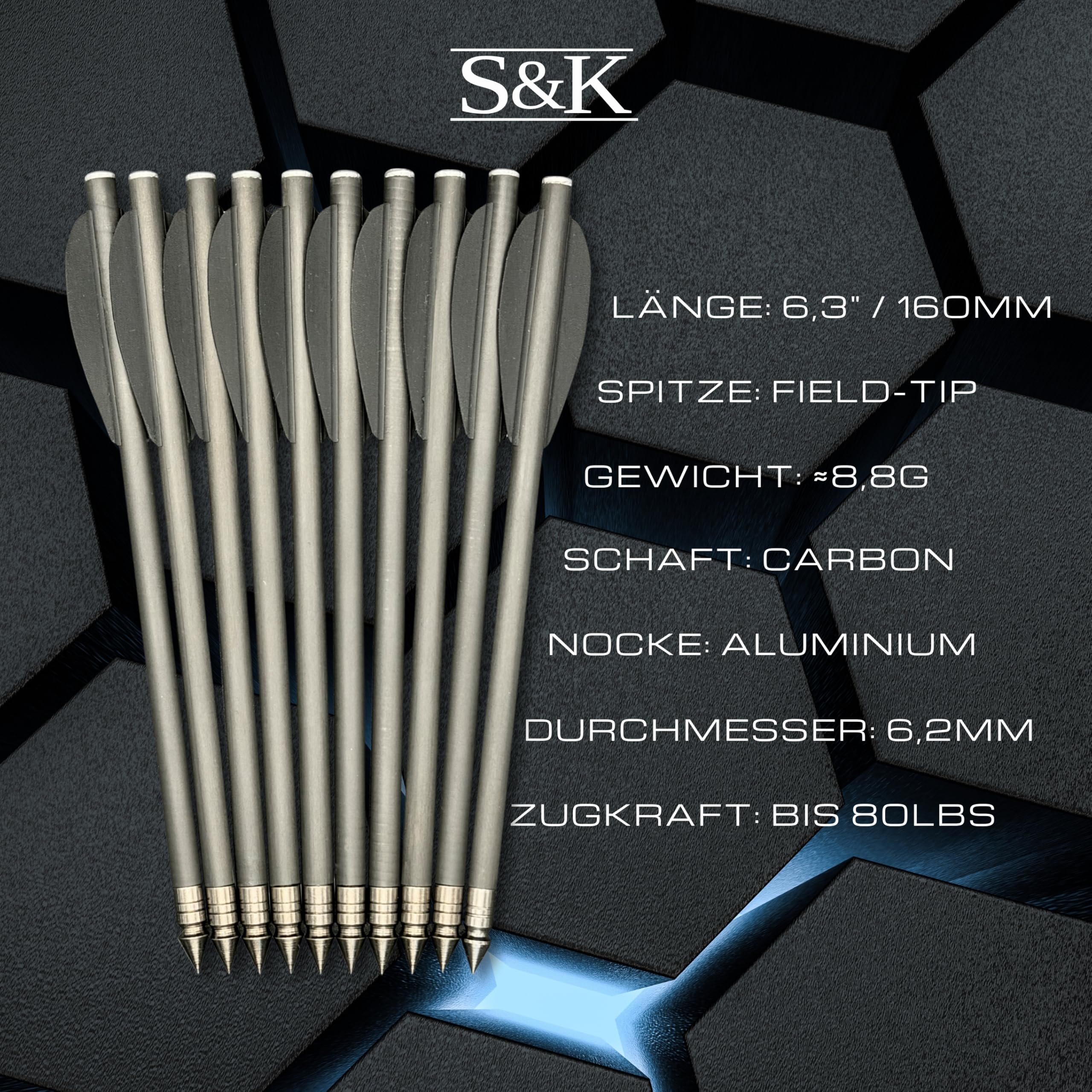 S&K - 10x Carbon Bolzen 6,3" für Pistolenarmbrust – Kompatibel mit Steambow Stinger, EK Archery Vlad & Cobra, Mey Interceptor UVM. – Hochpräzise Armbrustpfeile mit Field-Tip & schwarzen Vanes