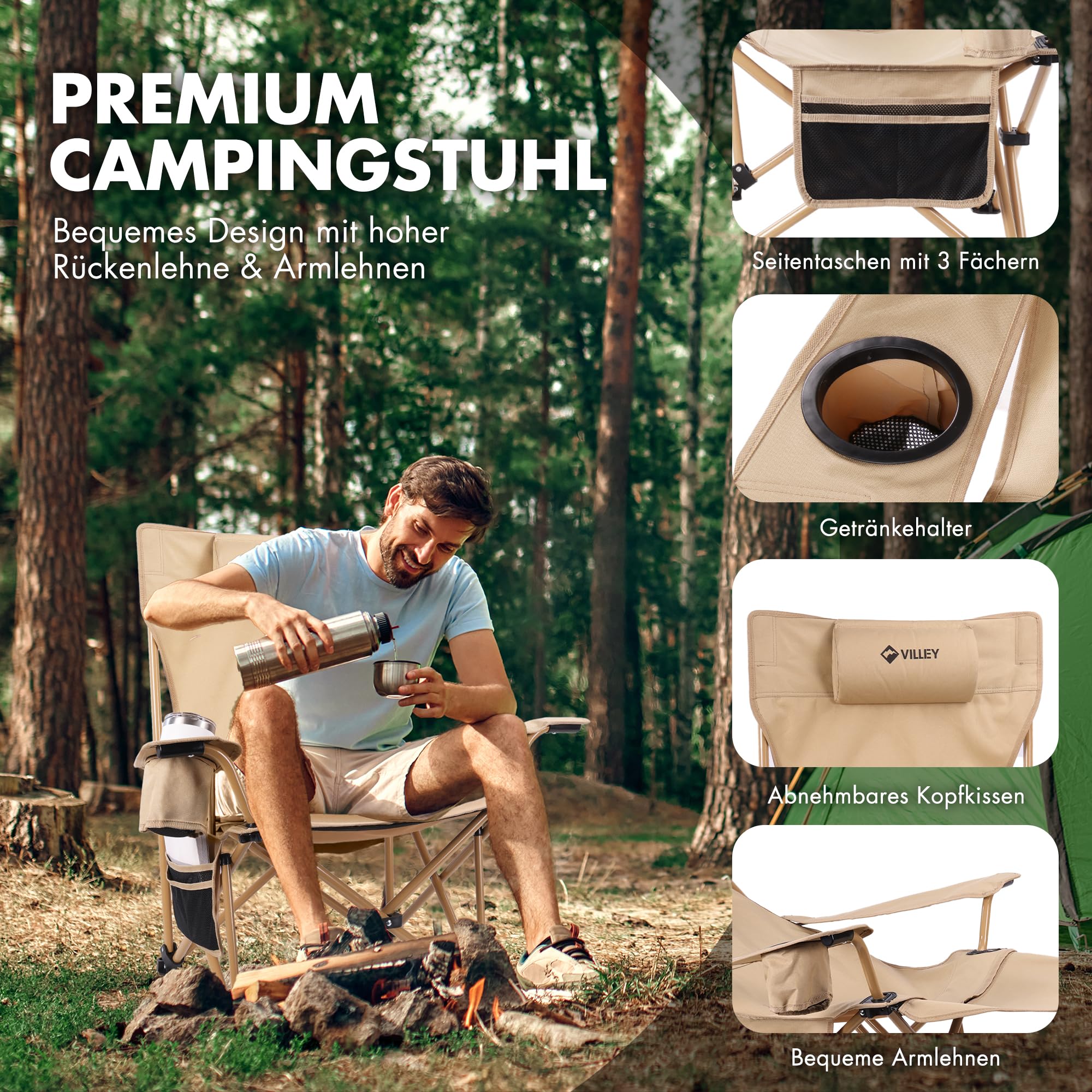 VILLEY Campingstuhl Faltbar mit Fußstütze, Liegestuhl Faltbar mit Kopfstütze & Aufbewahrungstasche, Relaxsessel Belastbar bis 150 kg, Klappbarer Campingstuhl für Camping, Strand, Garten, Angeln