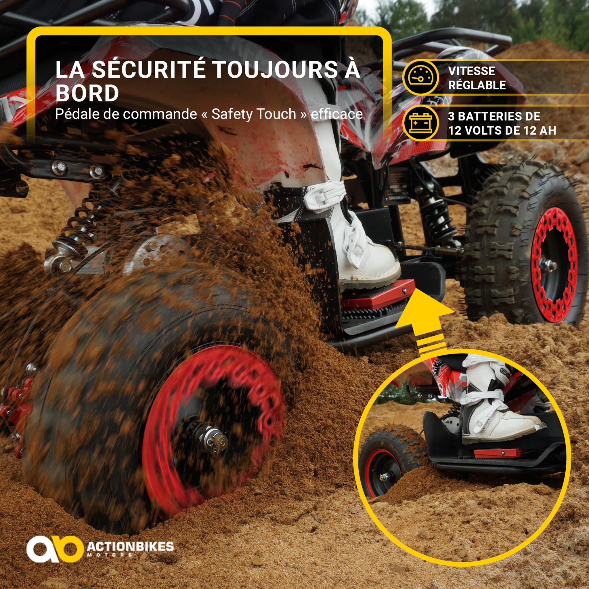 Actionbikes Motors Quad électrique Enfant ATV Torino | 36 Volts 1000 Watts Jusqu’à 24 km/h - Quad Enfant - Pocket Quad - pédale de sécurité Safety Touch - Mini Quad - dès 8 Ans (Noir)