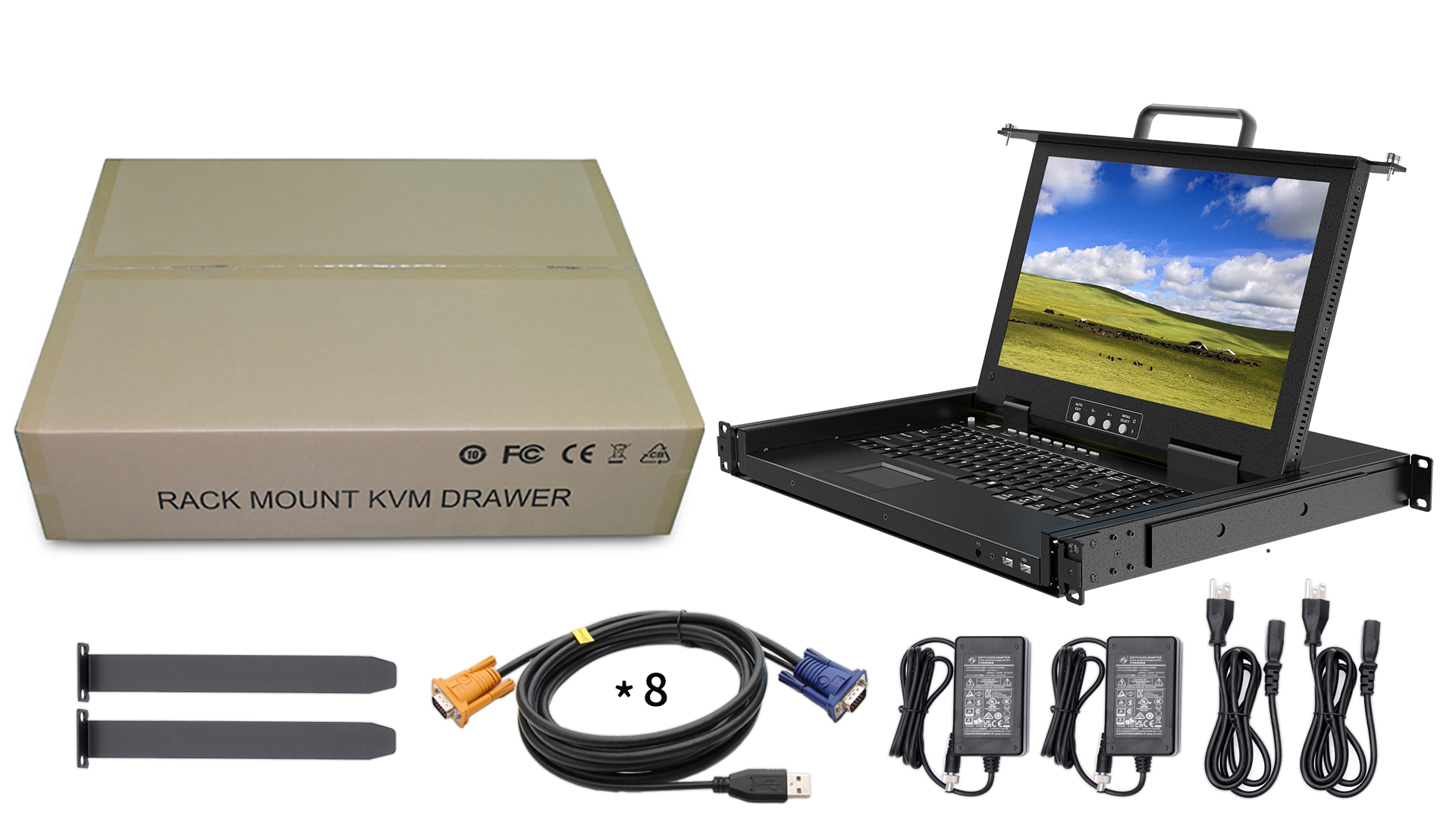 Image of 1U Rack Mount KVM Console for Short Depth Cabinet,8 Port VGA Switch,1080p
