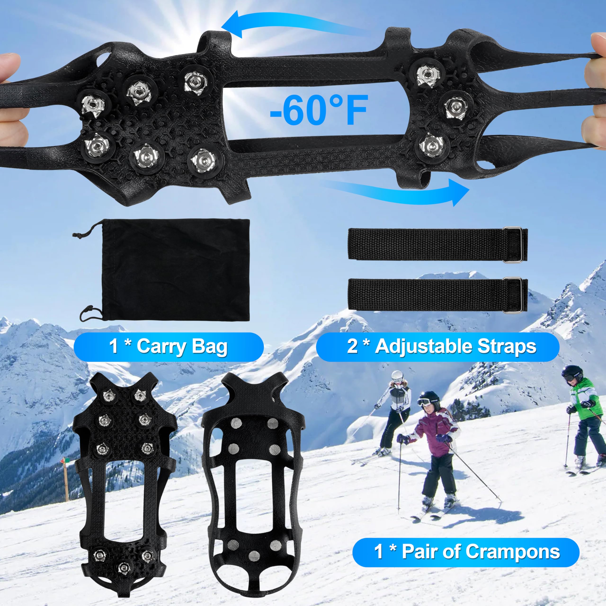 Eisstollen für Schuhe und Stiefel, rutschfester Überschuh, 9 Nieten, Edelstahl-Greifer, Slipper, Stretchschuhe für Spaziergänge, Joggen, Wandern, Bergsteigen, Eis, Schnee