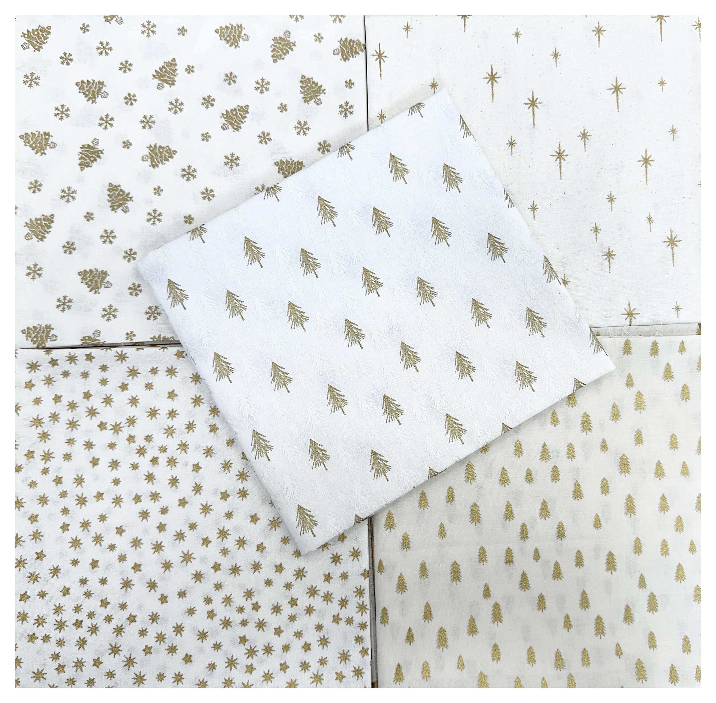 Christmas Fabric - Ivory White Gold Trees Stars Snowflakes - Fat Quarter Bundle Fabric Mix