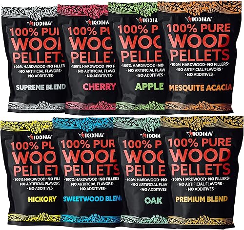 Kona Paquete variado de pellets de madera, diseñado para parrilla Ninja Woodfire al aire libre, horno de leña y ahumador, 8, bolsas resellables de 1