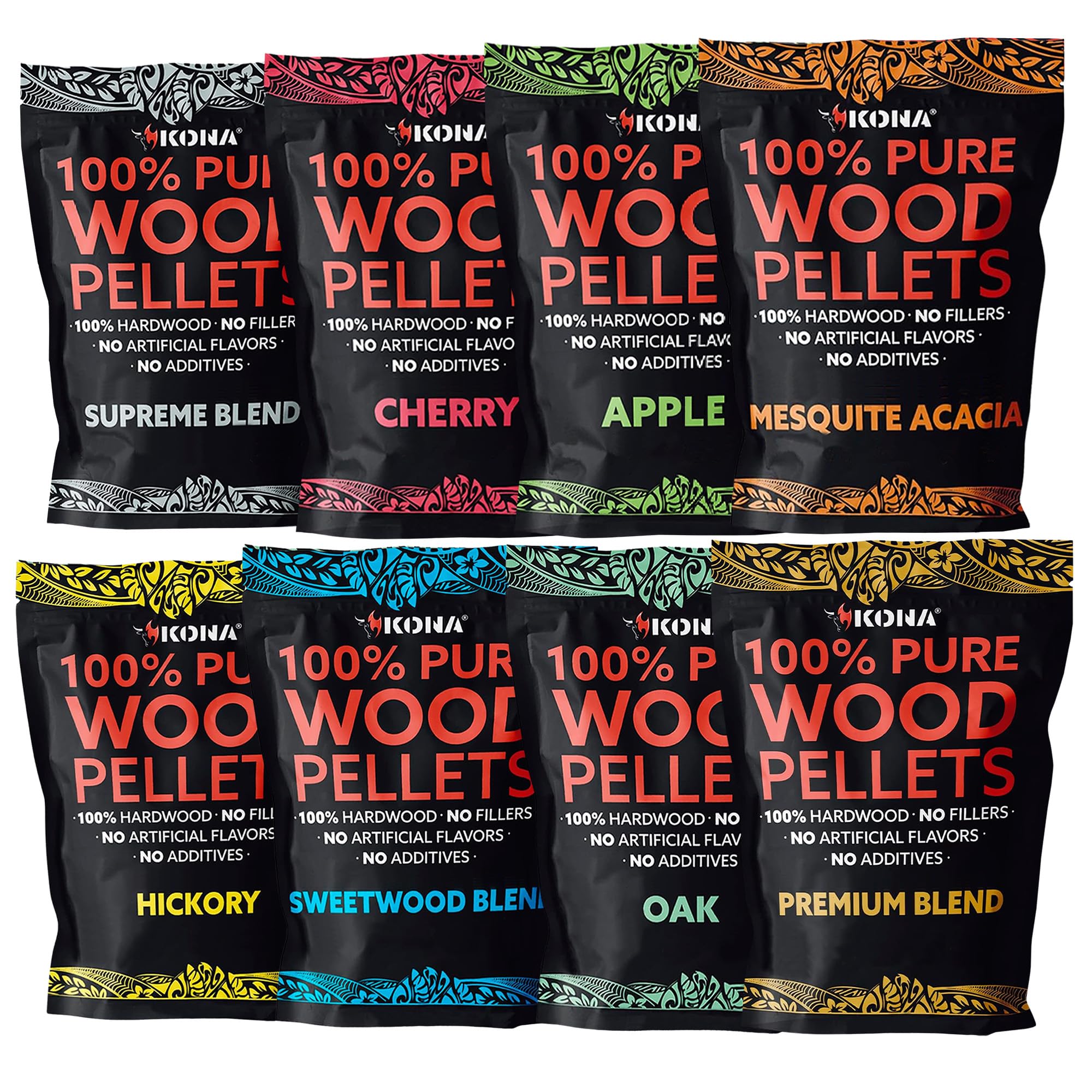 Kona Wood Pellets All Variety Pack, Intended for Ninja Woodfire Outdoor Grill, Wood Fire Oven & Smoker, 8, 1lb Resealable Bags