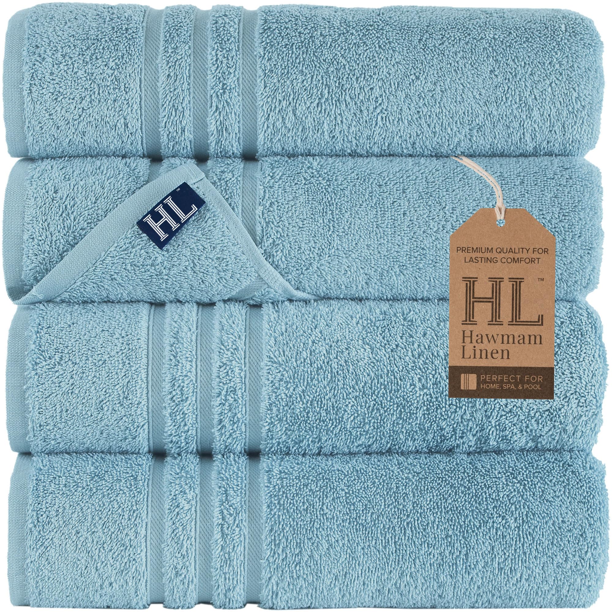 Hawmam Bath Linen Towels Large, Turkish Cotton, 4 Pack, Light Blue