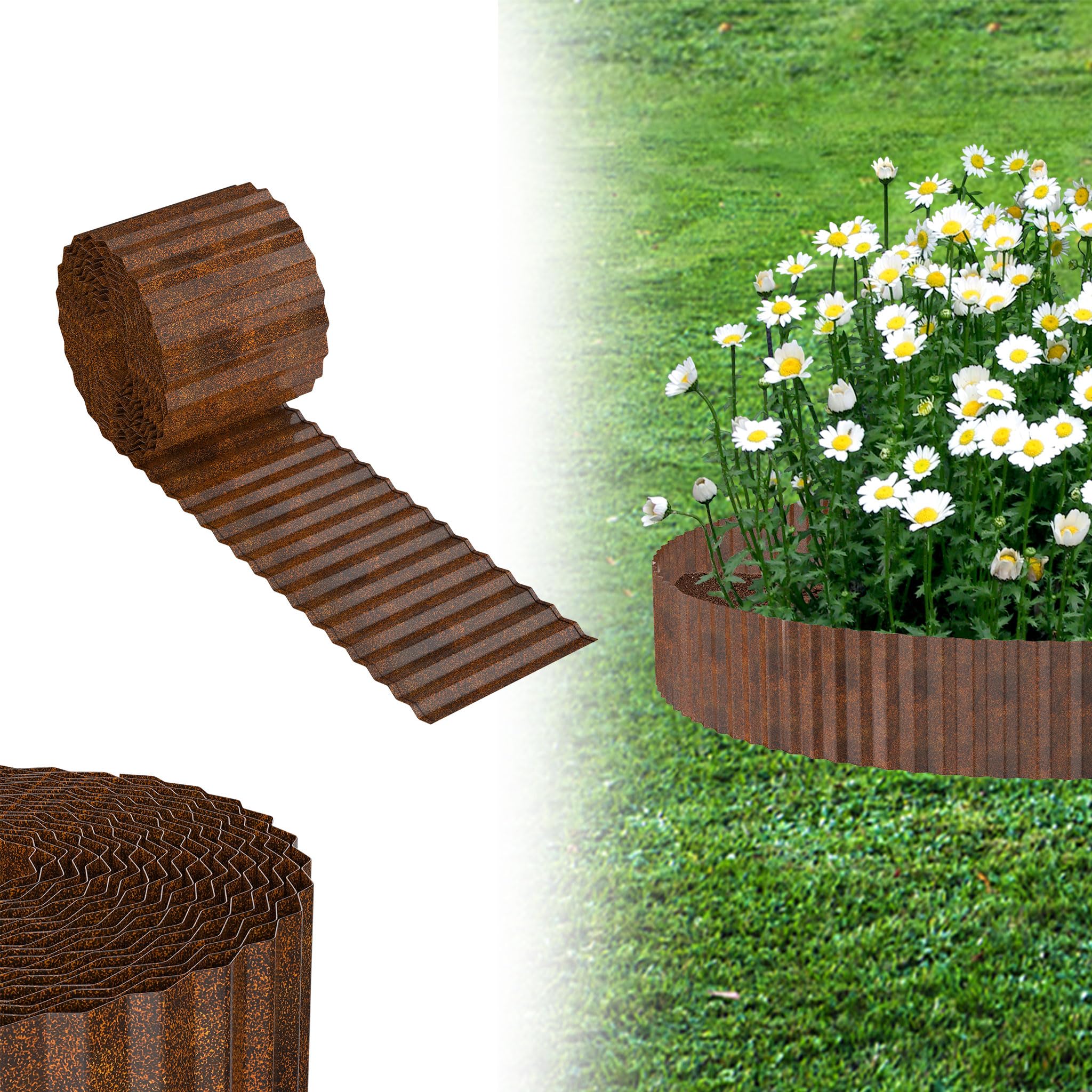 UISEBRT Beeteinfassung Rasenkante, Verzinktes Beetbegrenzung aus Metall Einfach zu Montieren, 18cm Hoch Flexibel Rasenkanten, Wurzelsperre Blumenbeet oder als Mähkante Länge Anpassbar(10M, Corten)