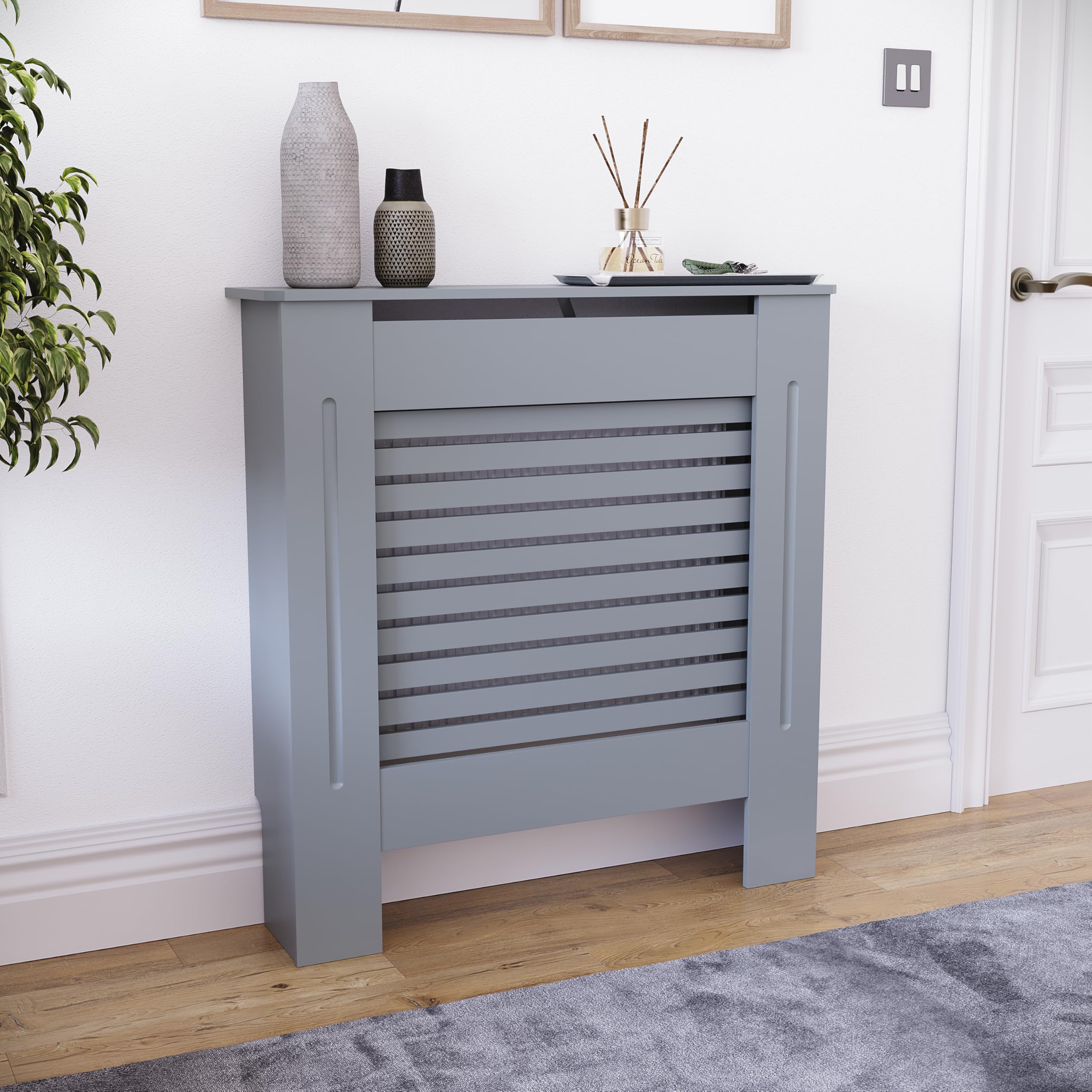 Vida Designs Milton Radiator Cover Grey - Small - Modern Horizontal Slat Design For Optimal Heat Circulation - H82xW78xD19cm - Painted MDF Cabinet Ideal For Living Room & Hallway