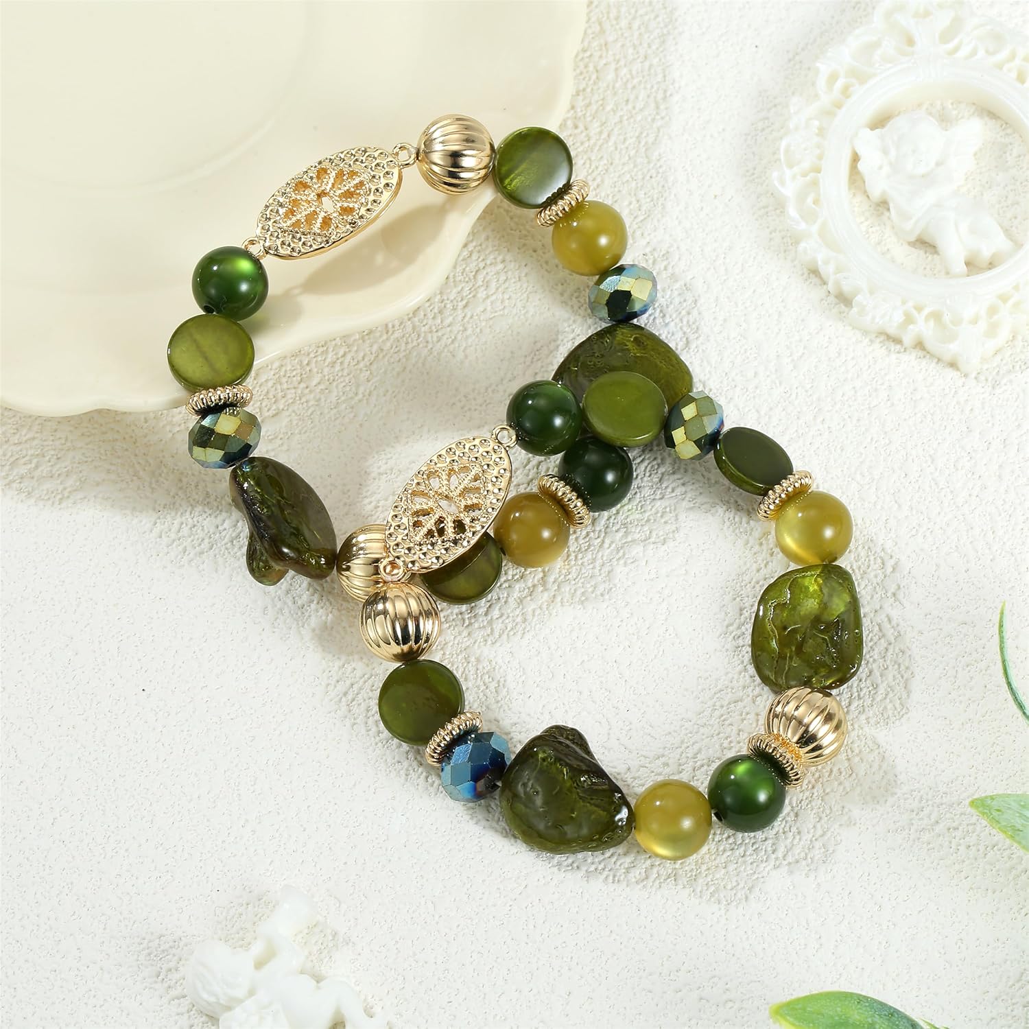 Chunky Natural Shell Glass Beaded Stretch Bracelet Stack for Women, Classy Boho Jewelry Gift - Image 2