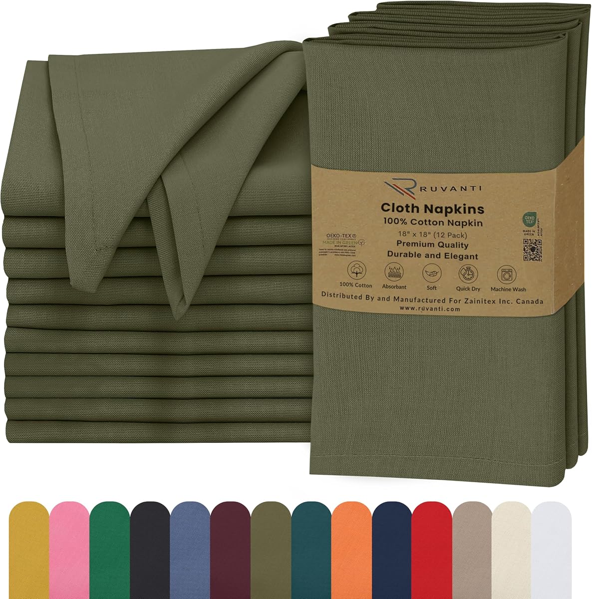 Ruvanti Cloth Napkins Set of 12, 100% Cotton 18”x18” - Capulet Olive | Washable, Soft, Durable & Absorbent Everyday Napkins. For Home, hotel, Wedding Napkins, Thanksgiving, Christmas Dinner Napkin