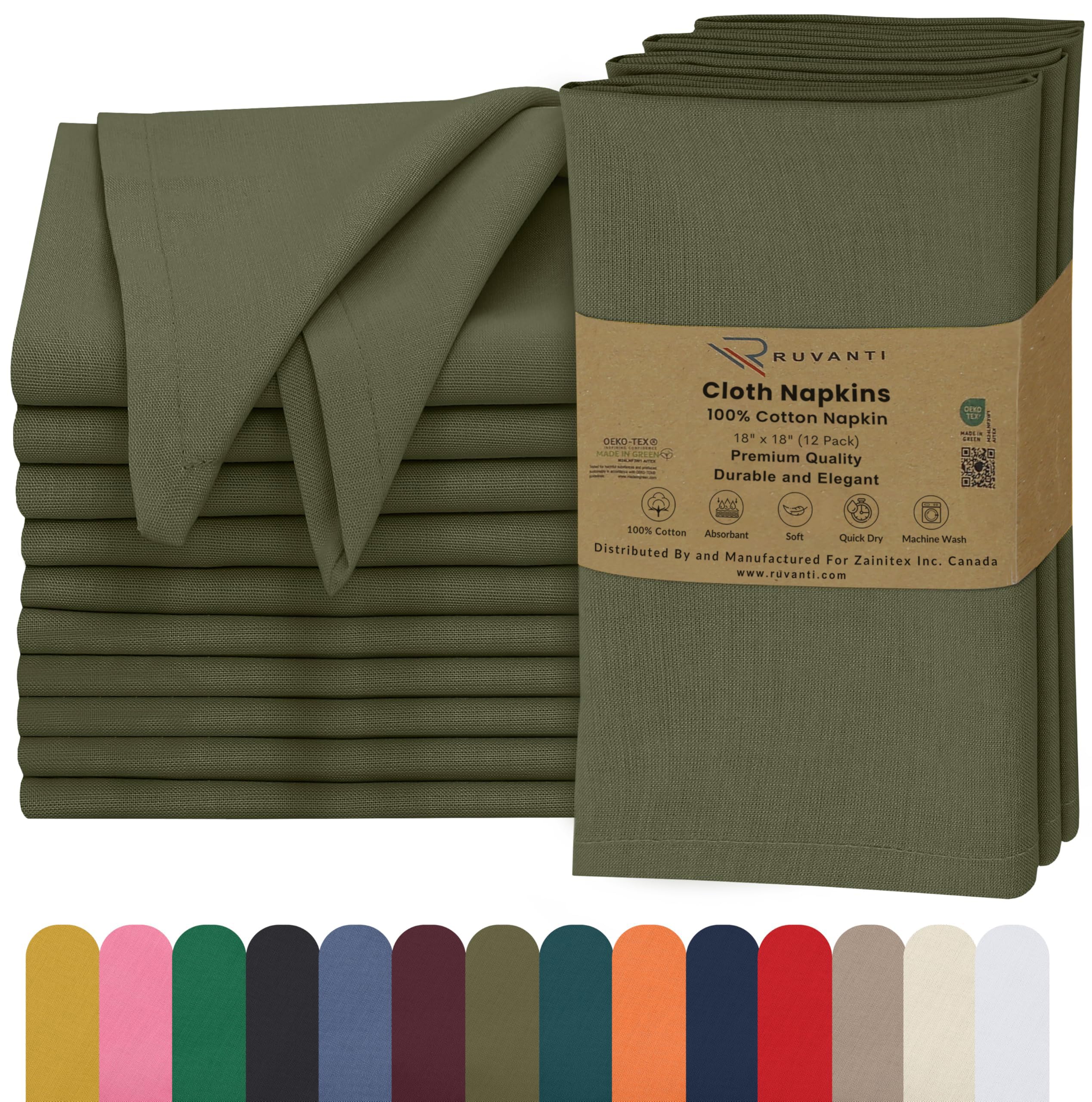 Ruvanti Capulet Olive Cloth Napkins Set Of 12, 18X18 Inches, 100% Cotton, Washable, Soft & Absorbent, Perfect For Wedding, Christmas, ‎Thanksgiving Dinners