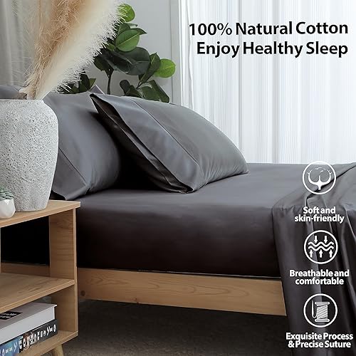 Miniatura 3 de Sábana bajera ajustable tamaño California King solo color gris oscuro, 100% algodón egipcio de 600 hilos, bolsillo profundo de 16 pulgadas (1 sábana