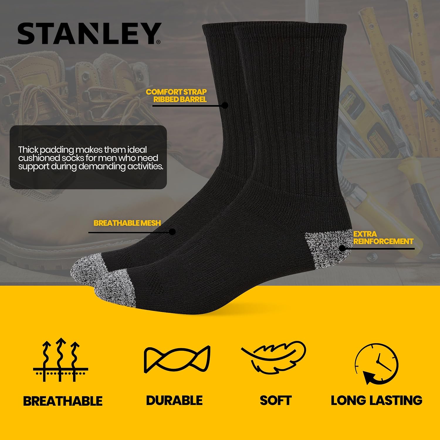 STANLEY Work Socks for Men – 8 Pairs Thick Cushioned Crew Length Work Boot Socks for Hiking