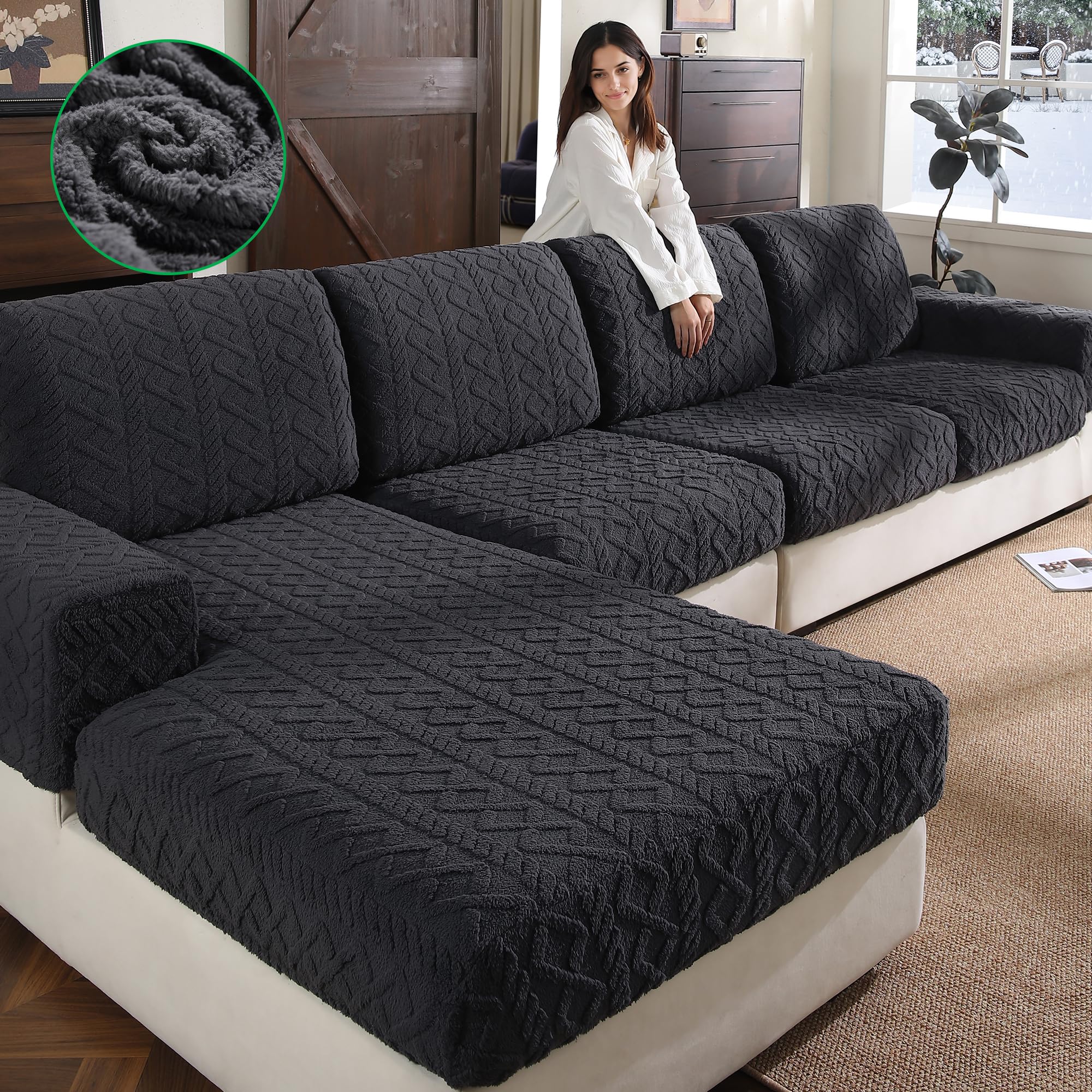 OHSIO Sofa Überzug – Elastischer & Waschbarer Sofabezug, Weicher Langlebiger Couchbezug für Sitzkissen & Wohnzimmermöbel(Dunkelgrau, 1x Armlehnenbezug)