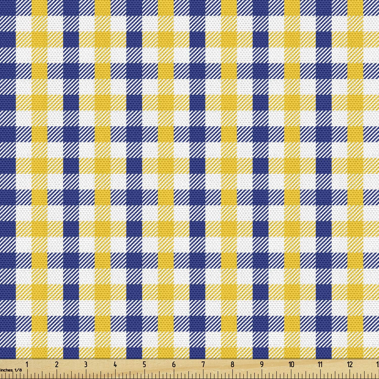 Lunarable Navy Plaid Fabric by The Yard, Colorful Gingham Abstract Checkered Repetitive Print, Decorative Fabric for Upholstery and Home Accents, 10 Yards, Earth Yellow Night Blue