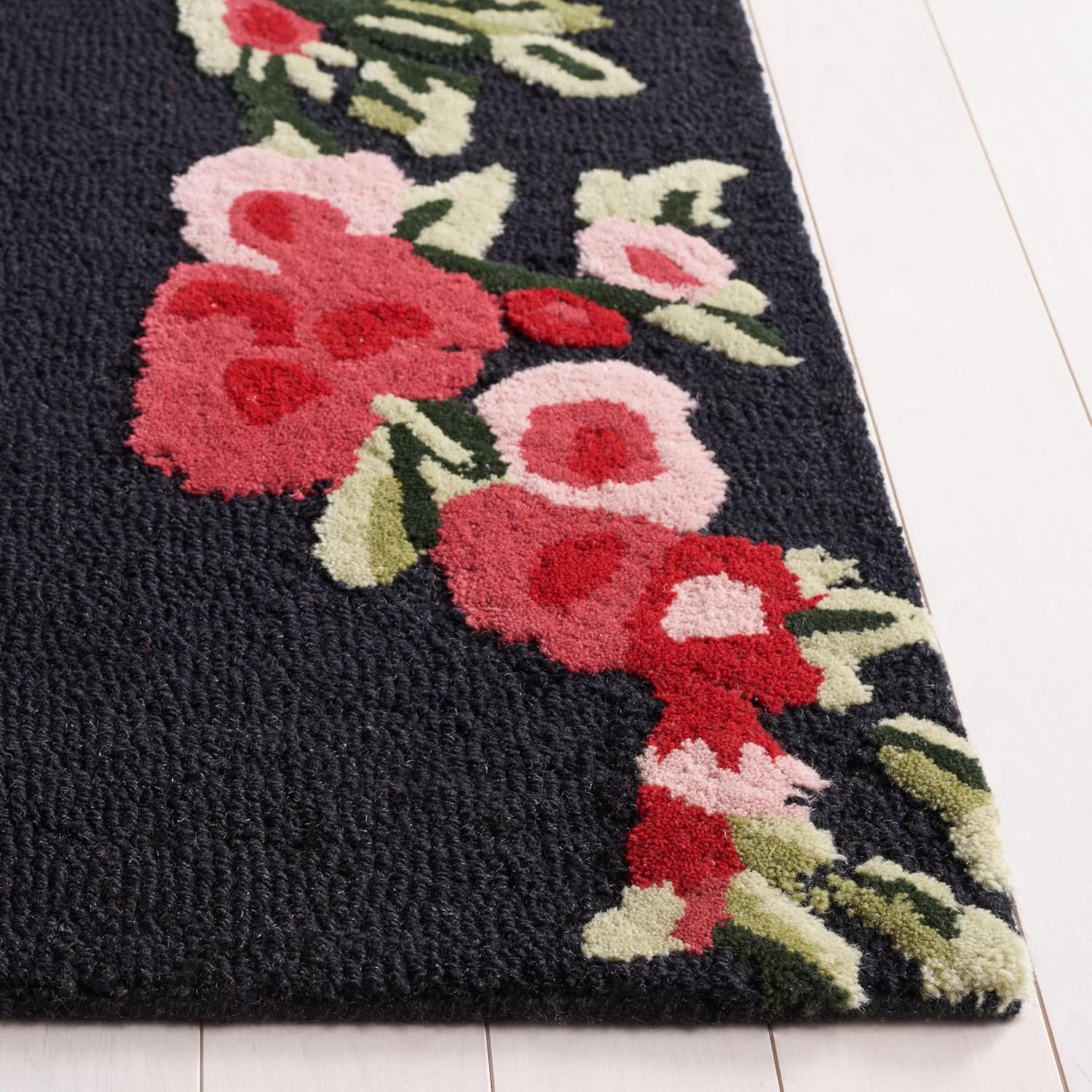 SAFAVIEH Jardin Collection Area Rug - 3' x 5', Black & Pink, Handmade Wool, Floral Design, Ideal for Living Room, Bedroom, Dining Room (JAR401Z-3)