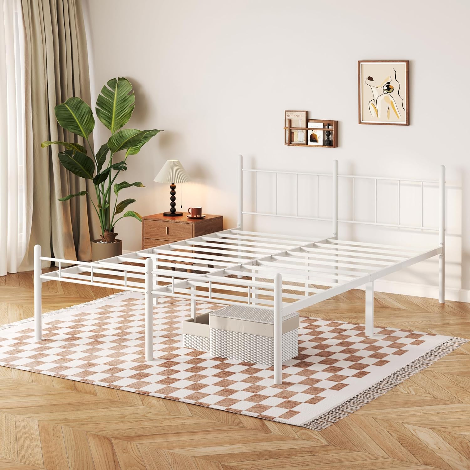 14inch Queen Size Bed Frame No Box Spring Needed,Heavy Duty Metal Platform with headboard and Footboard, Noise Free, Sturdy Steel Slat Support, Easy Assembly(White)