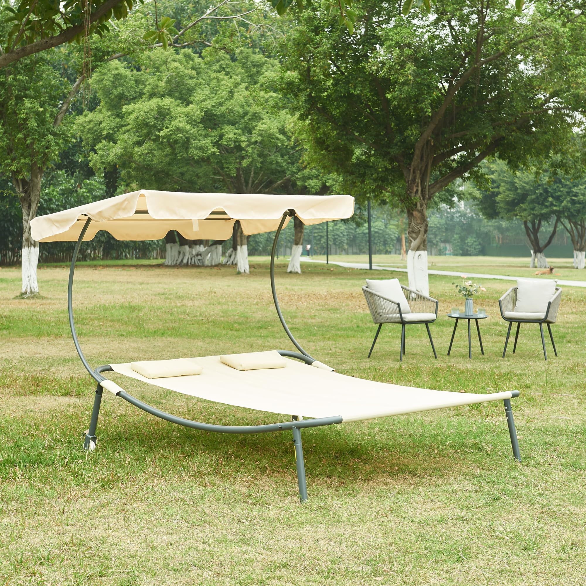 casa.pro Tumbona Jardín Exterior para 2 Personas Cama Solar Doble Independiente con Ruedas 2 Cojines y Parasol Toldo Ajustable Acero Poliéster 200x173x146cm - Beige y Antracita