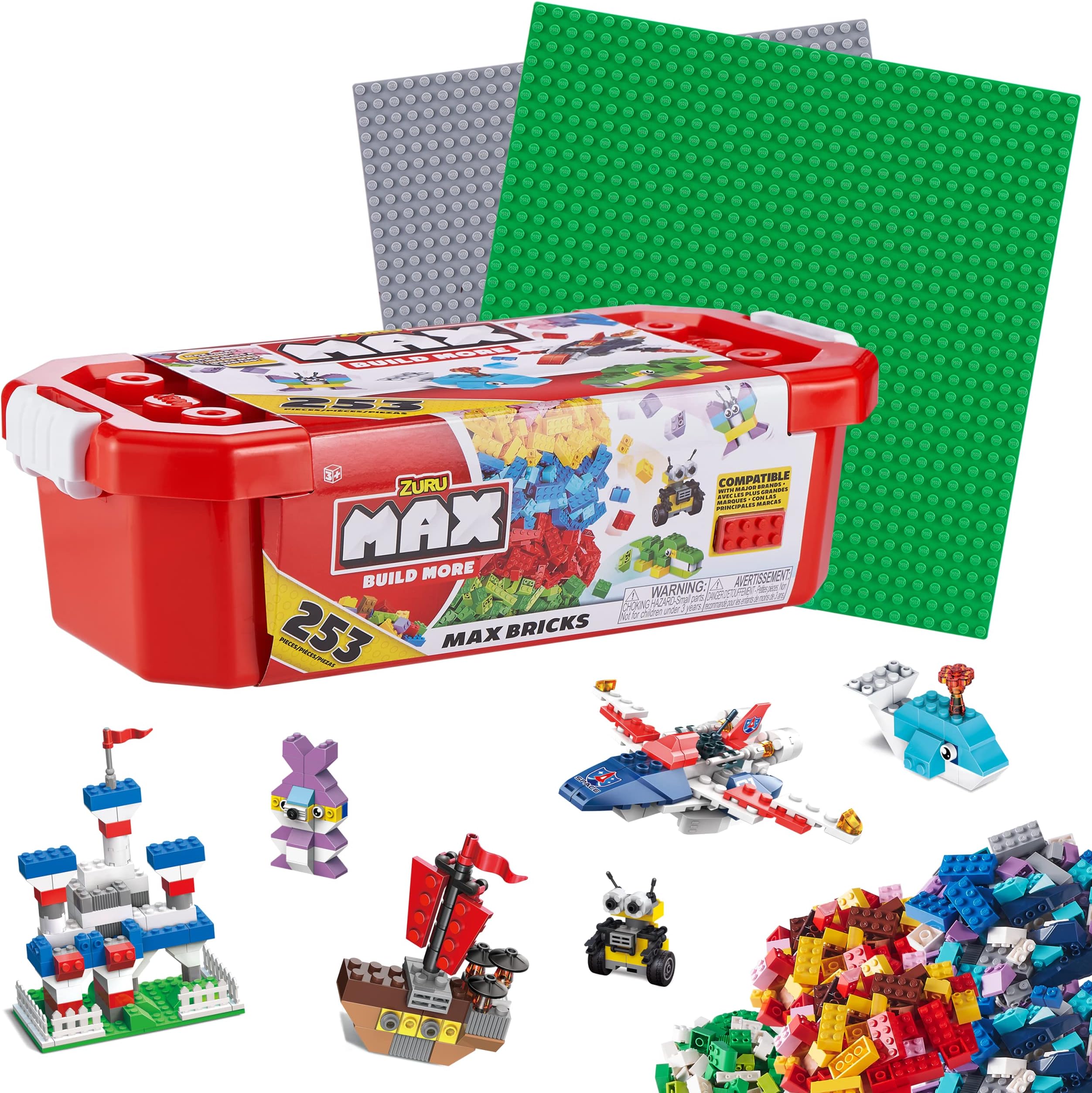 Max Build More Building Bricks Value Set (253 Bricks and 2 Baseplates 10 x 10 Inches) Compatible with Other Major Brands by ZURU