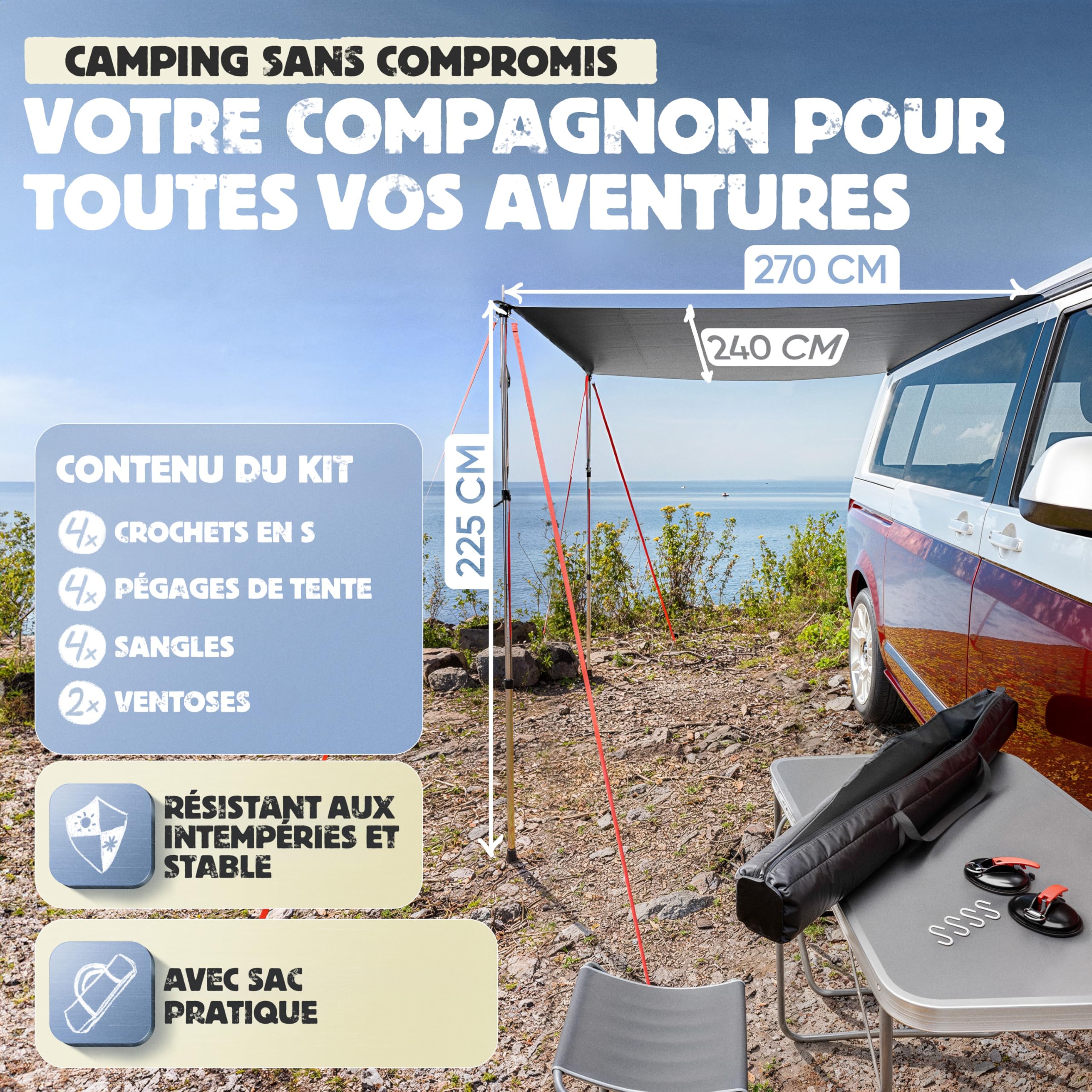 Auvent LAINFELD pour Voiture | Pare-Soleil 2,2 x 2,5 m avec 3 mâts Keder et 2 mâts télescopiques | Pare-Soleil pour Camping-Car, Bus ou Caravane