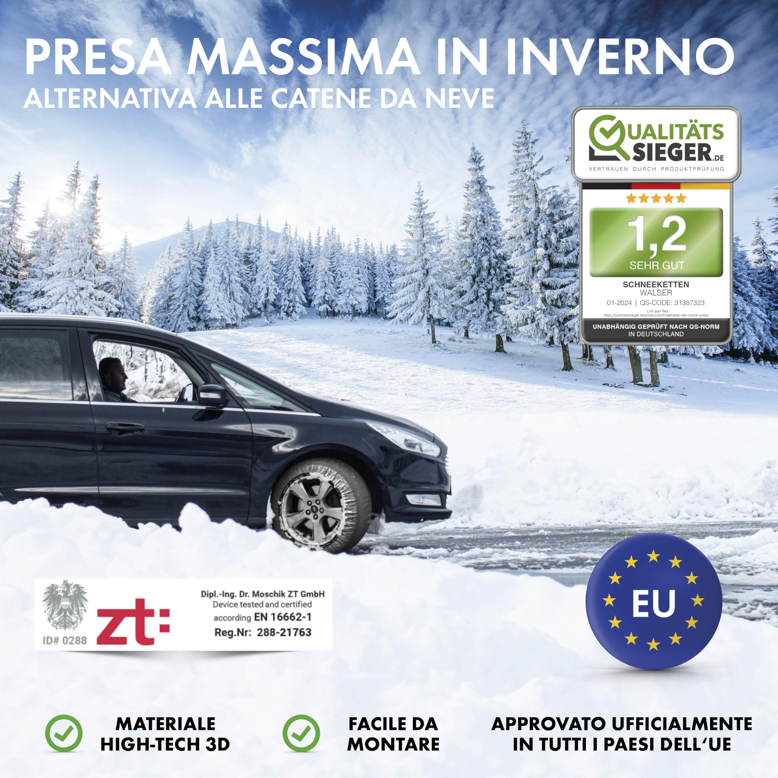 WALSER Premium Calze da Neve Omologate Italia EN 16662-1, Set di 2 Catene Invernali per Auto Grigio/Nero, Snow Sock R13-R22 XL