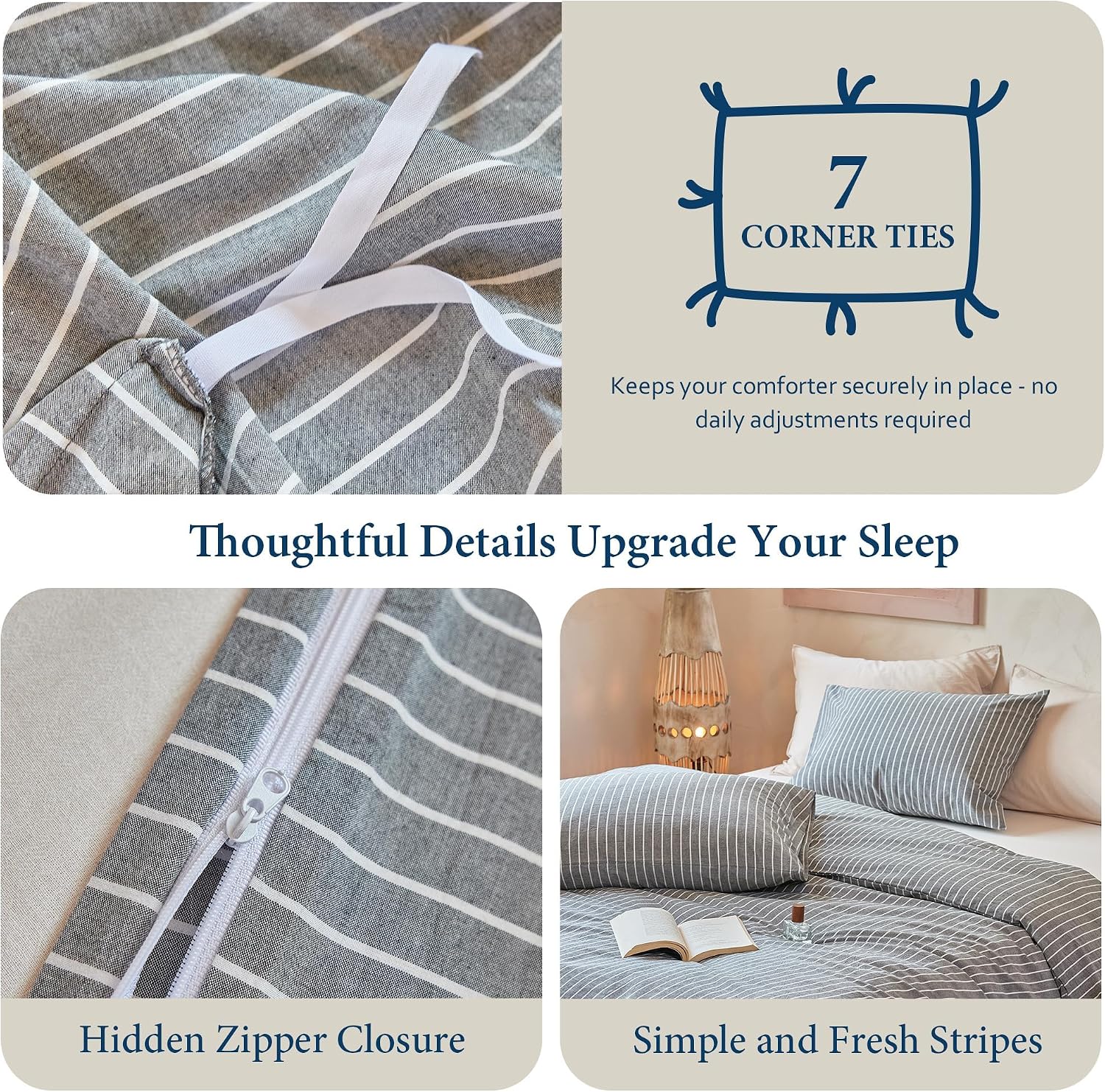 QKTE Striped 100% Washed Cotton Duvet Cover Set Queen 3Pcs(1 Comforter Cover&2 Pillowcases), Natural Cotton Bedding Set Soft Breathable Farmhouse Zipper Closure All Seasons(Dark Gray-White,Queen)