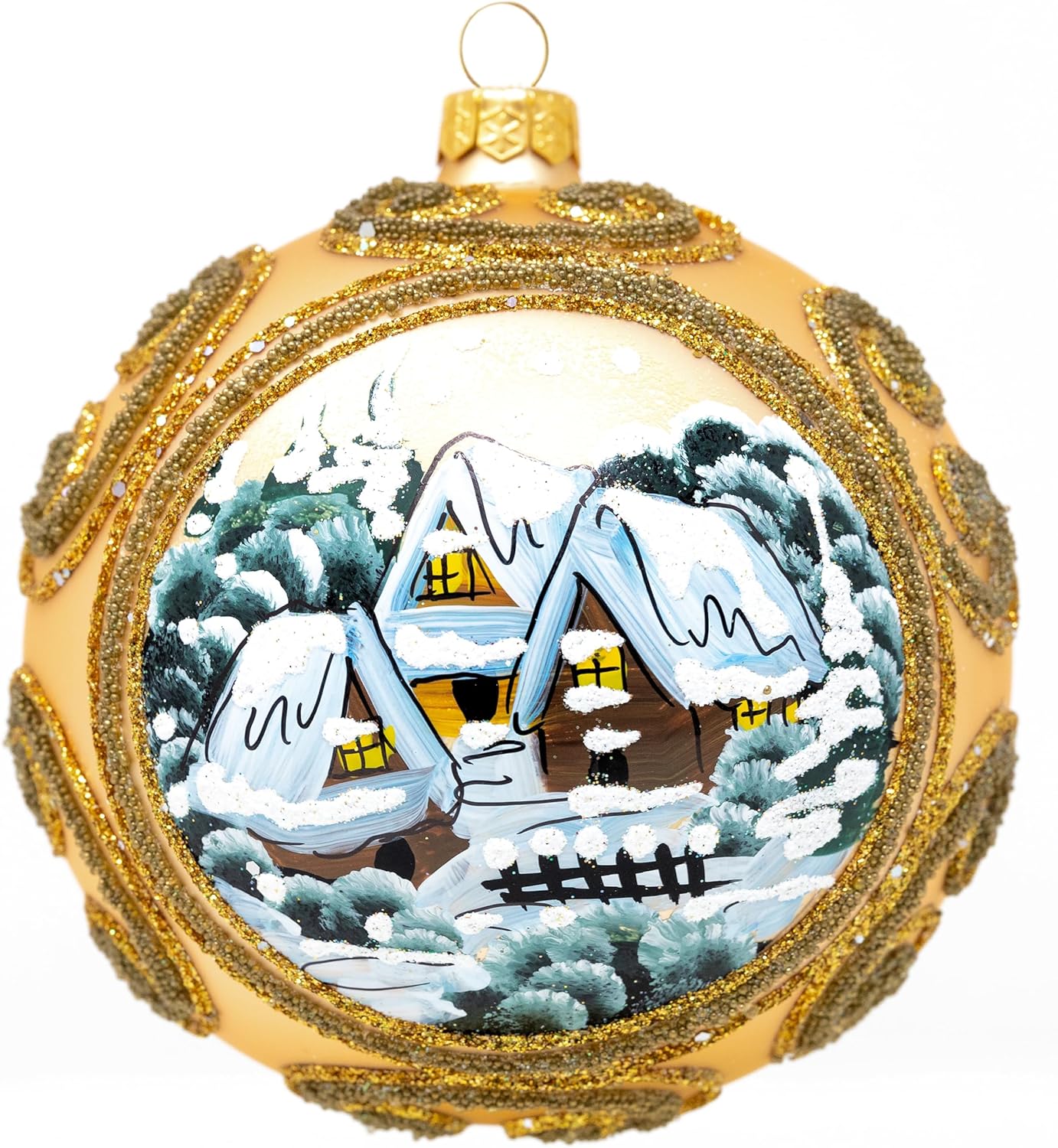 Christmas Ornament Bauble Winter Charm View with Poinsettia, Polish Medium Blown Glass Ball 5 inch Ø/120mm Burgundy Gold Embelishments
