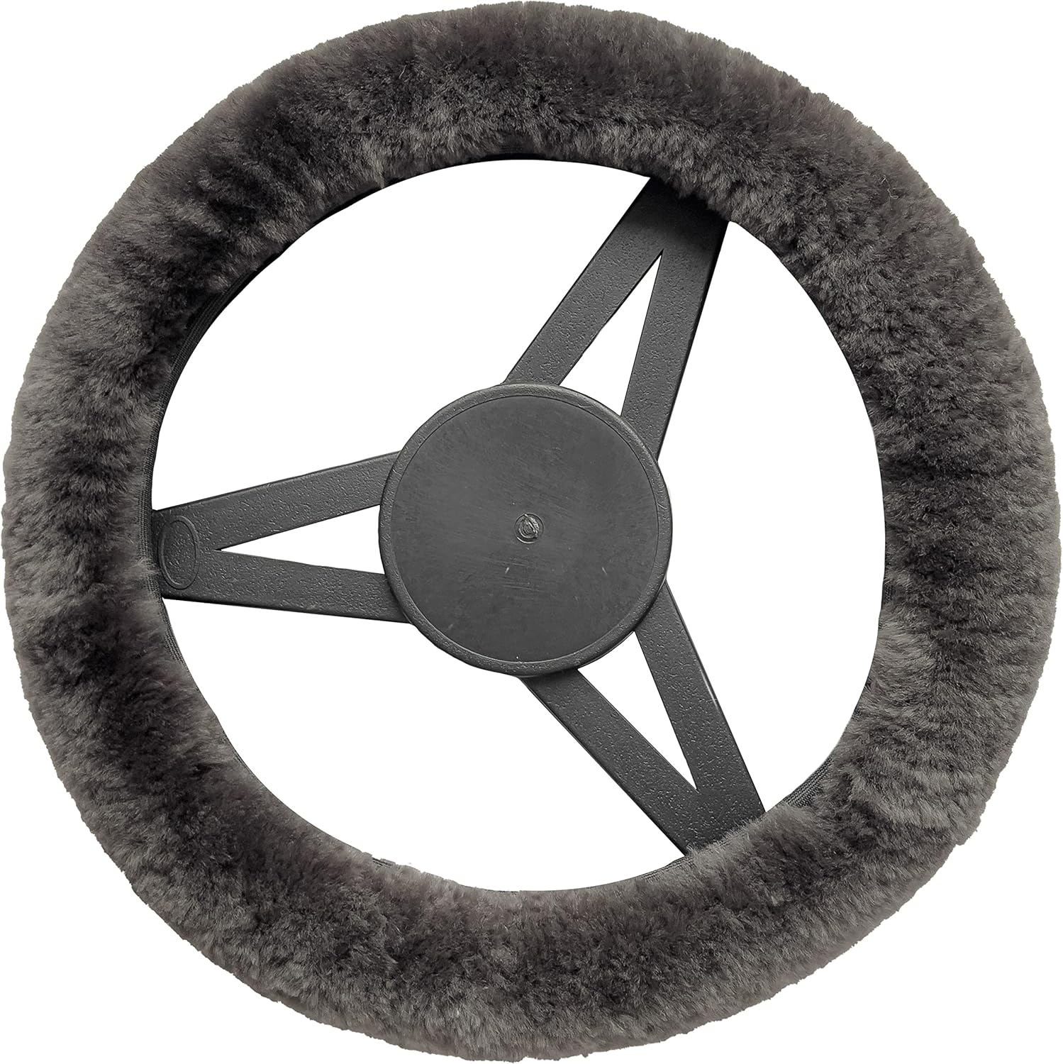 Natural Sheepskin Steering Wheel Cover for Women and Men | 100% Genuine Sheepskin Wool Furry 15” Universal Fit Steering Wheel Covers with Elastic Piping on Edges (Carbon Grey)