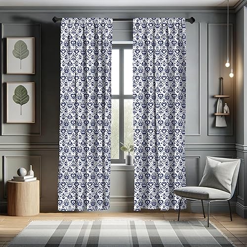 Miniatura 5 de Ambesonne Cortinas de ventana azul marino, patrón tradicional Ikat estilo retro, composición inspirada en damasco, decoración ligera, juego de 2