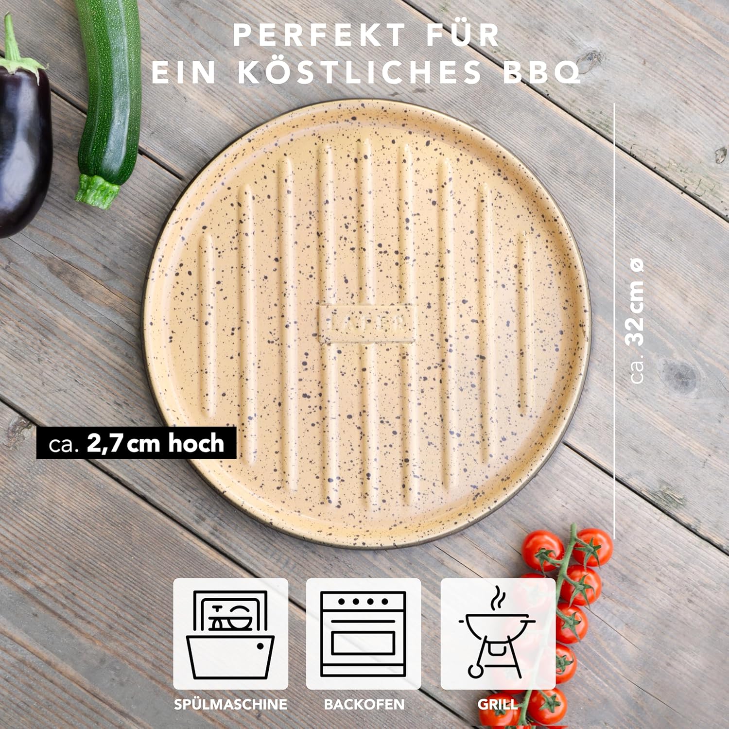 Römertopf Lafer BBQ Plancha Round with Grill Bars Diameter 31.5 cm