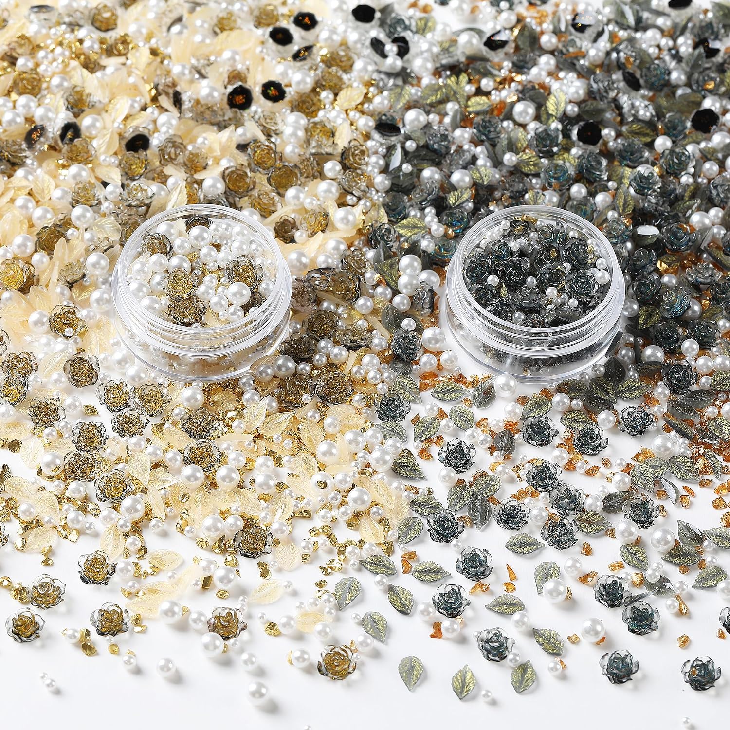3D Flower Nail Charms, Leaf, Glitter Crushed Stone and Pearls, 3D Camellia Charms for Nail Jewelry DIY Crafts Nail Art Decorative Accessories(Black&Glod,2 Pack)