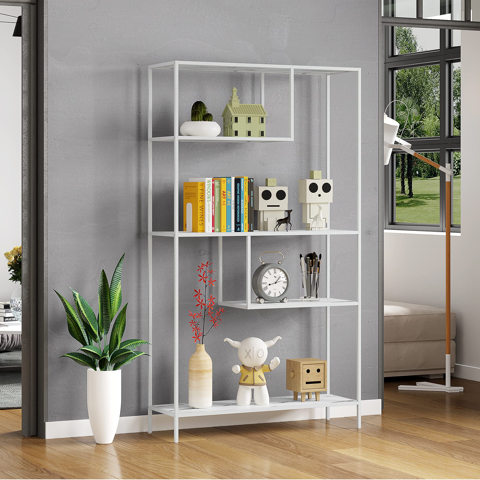 HOME BI Bookshelf Storage Organizer Shelves, Unit Metal Open Bookcase Shelf Standing for Office, Study Room, Living Room (White, 3-Tier)